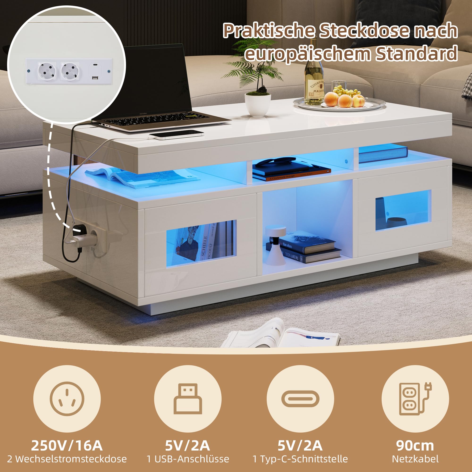 Merax Couchtisch Weiß, Wohnzimmertisch Hochglanz mit LED Beleuchtung, Beistelltisch Kaffeetisch mit Schrank & Offene Staufächer, Sofatisch mit Ladeanschluss, Rechteckiger Mitteltisch, 100×50×43cm