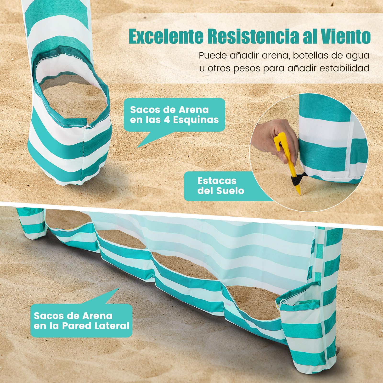 GOPLUS Tienda de Playa, 183x183x240cm Sombrilla de Playa Ajustable en Altura con Pared Lateral Desmontable, 8 Sacos de Arena y Bolsa de Transporte, Protección Solar para Camping Picnic Pesca (Verde)