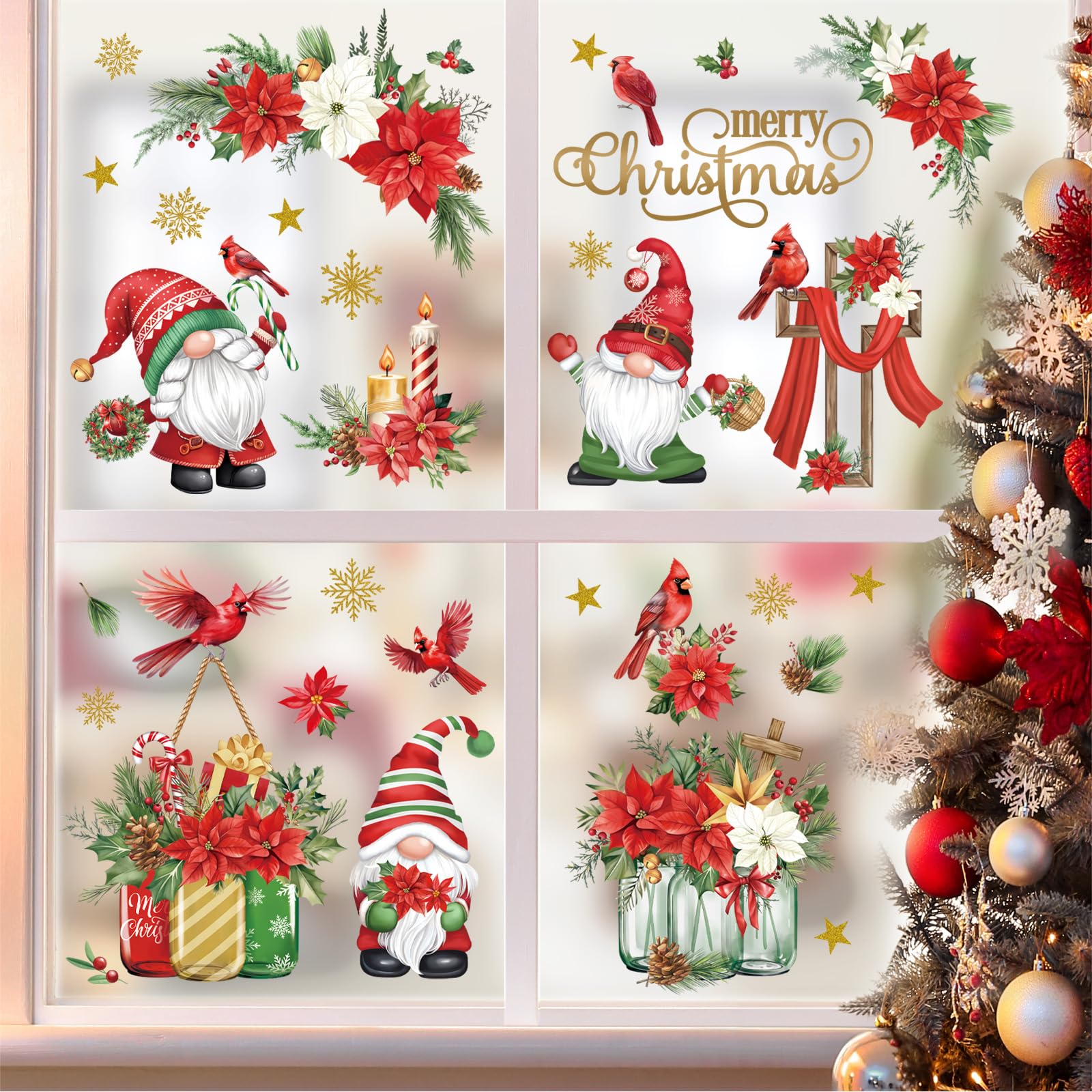 decalmile Christmas Red Gnome Flowers Window Clings Reusable Cardinal Birds Snowflake Window Decals Double Side Printed Window Stickers Glass Door Holiday Home Kitchen Decoration - Image 3
