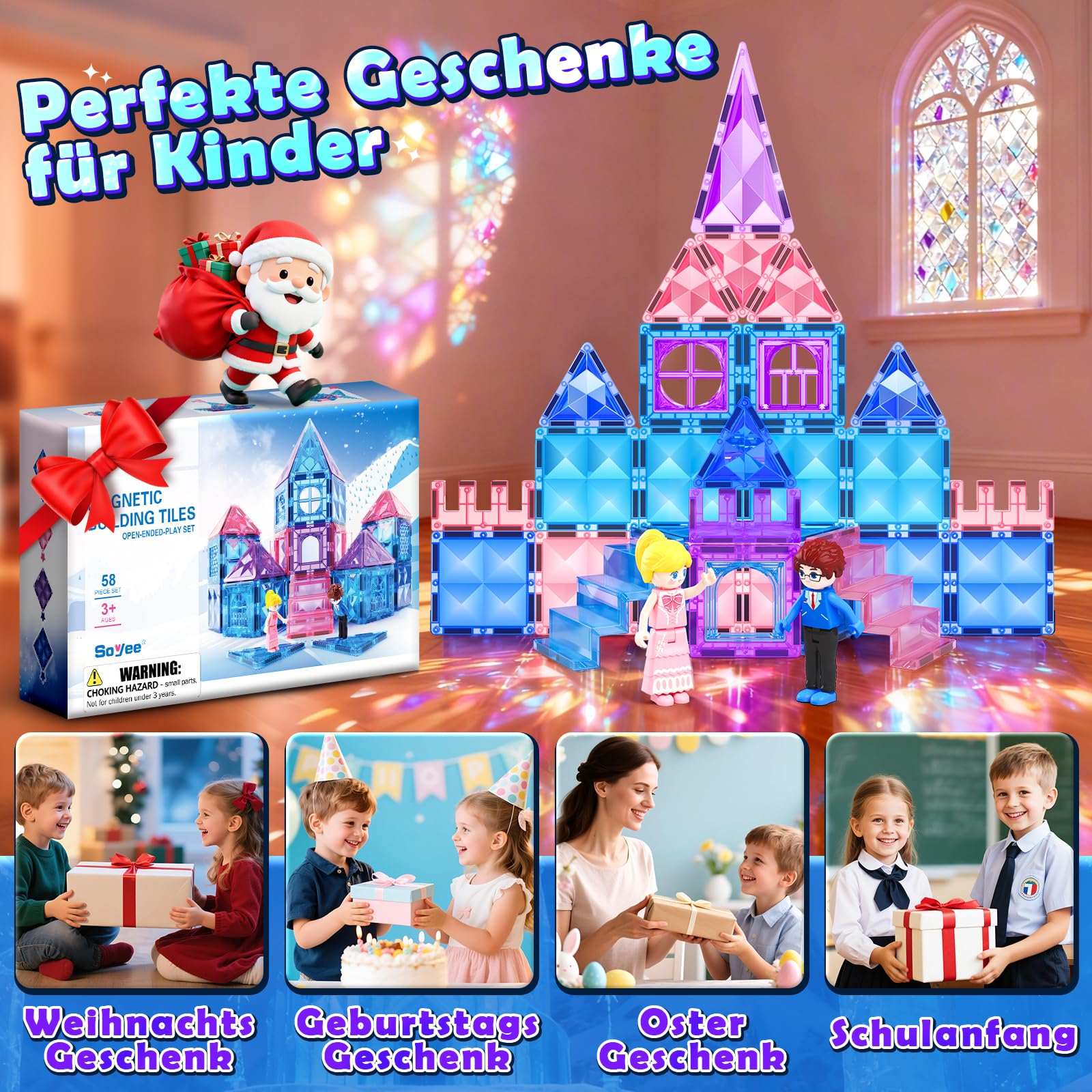 Magnetische Bausteine 58-teilig Set für Kinder ab 3–8 Jahren Magnetbausteine & Konstruktionsspielzeug STEM Lernspielzeug Montessori Bauspielzeug für Jungen und Mädchen Geschenk Geburtstag Weihnachten