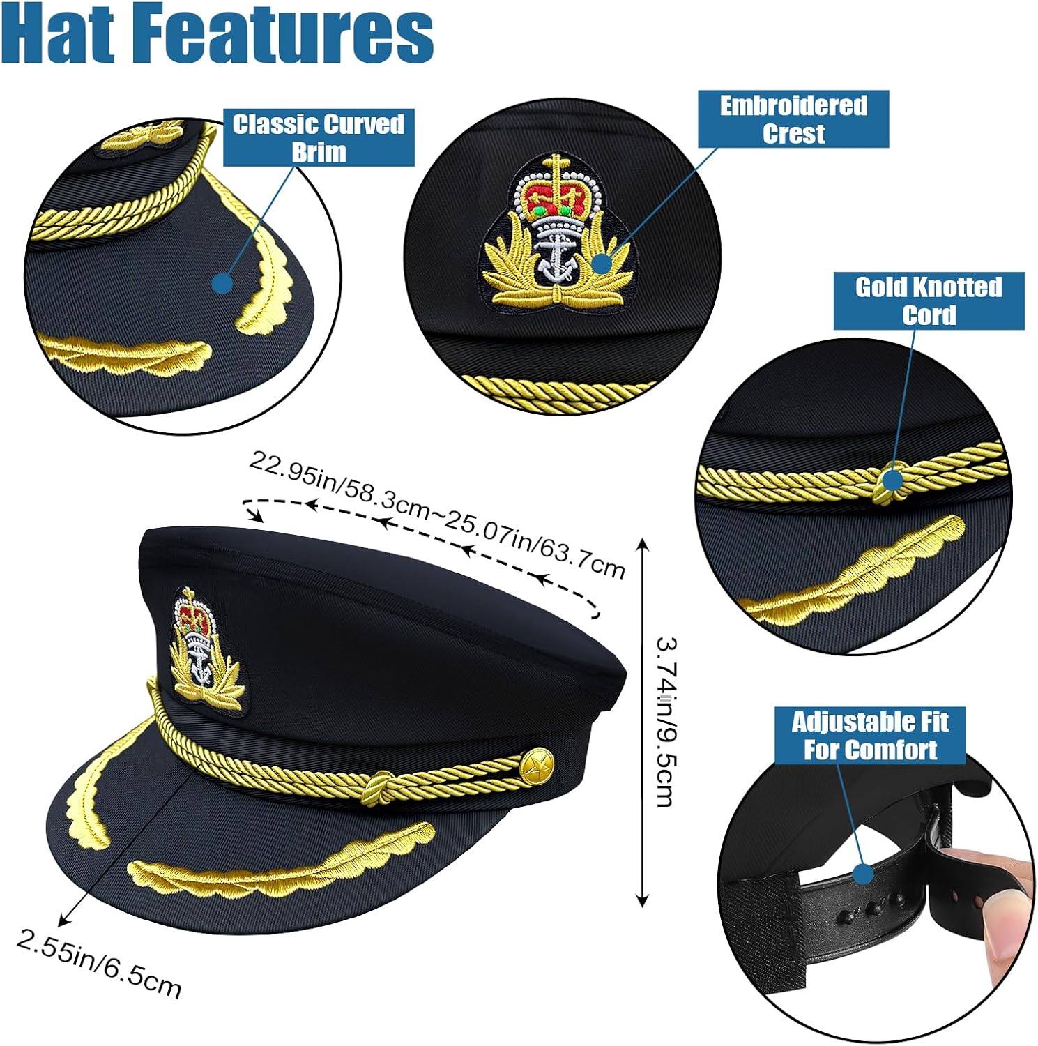 dodowin Unisex Adult Adjustable Captain Costume Admiral Hat Cosplay Sailor Cap