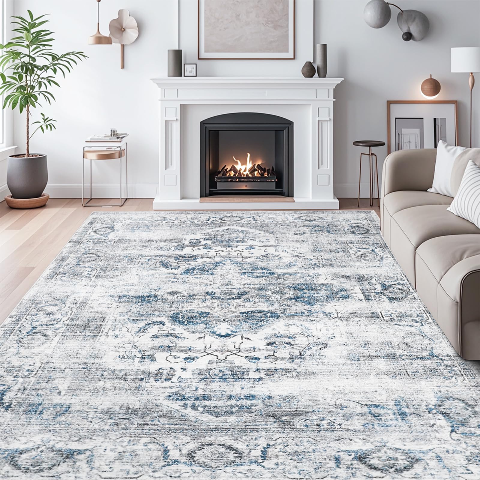 9x12 Area Rugs for Living Room, Machine Washable Non Slip Vintage Rug, Non-Slip Stain Resistant, Large Soft Home Decor Rug for Bedroom Dining Room (Blue/Grey,9'x12')