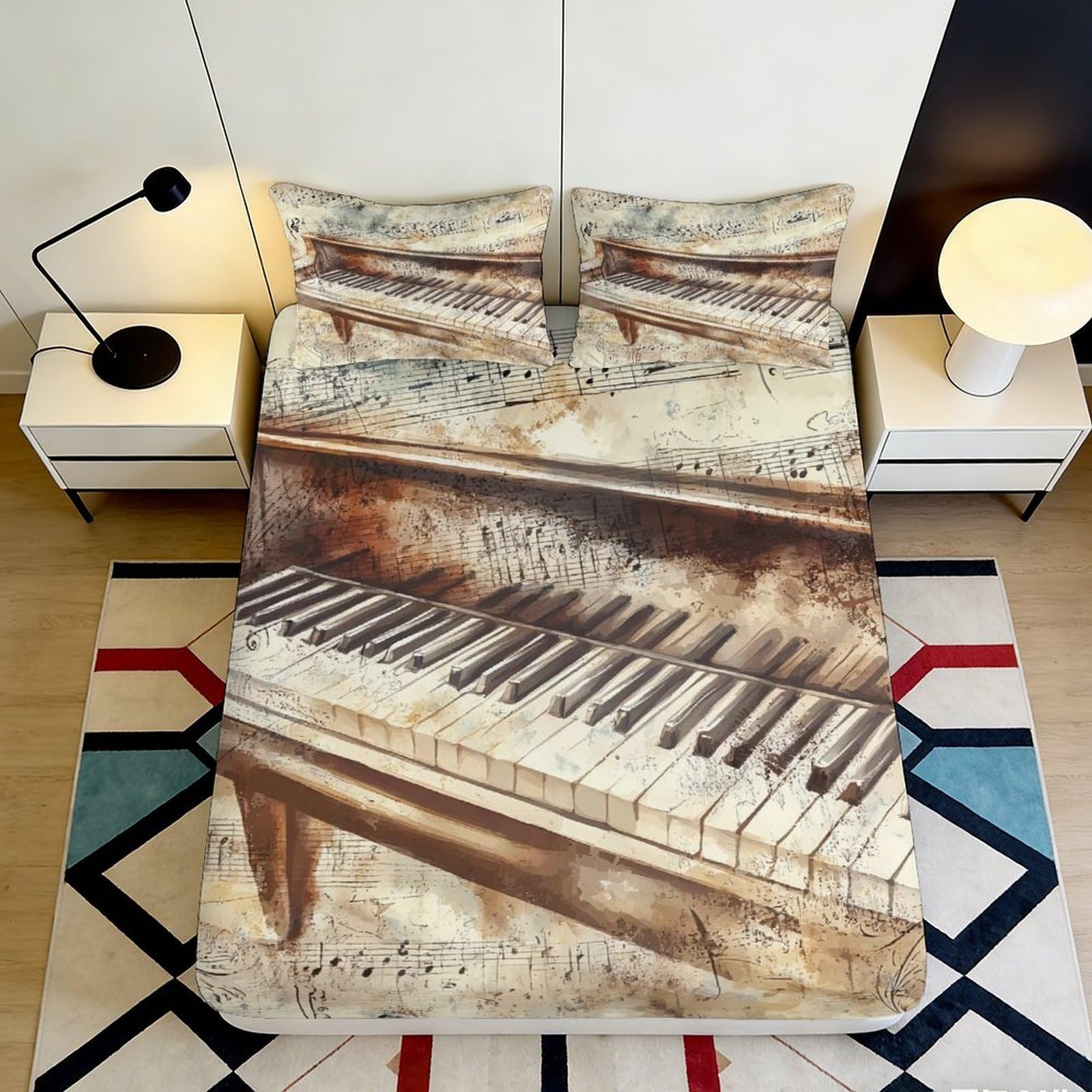 3D Printed Vintage Piano Fitted Sheet Microfiber Soft Durable 3D Printed Musical Notes Mattress Cover for Bedroom Dormitory Guest Room Protection 160x200x25cm