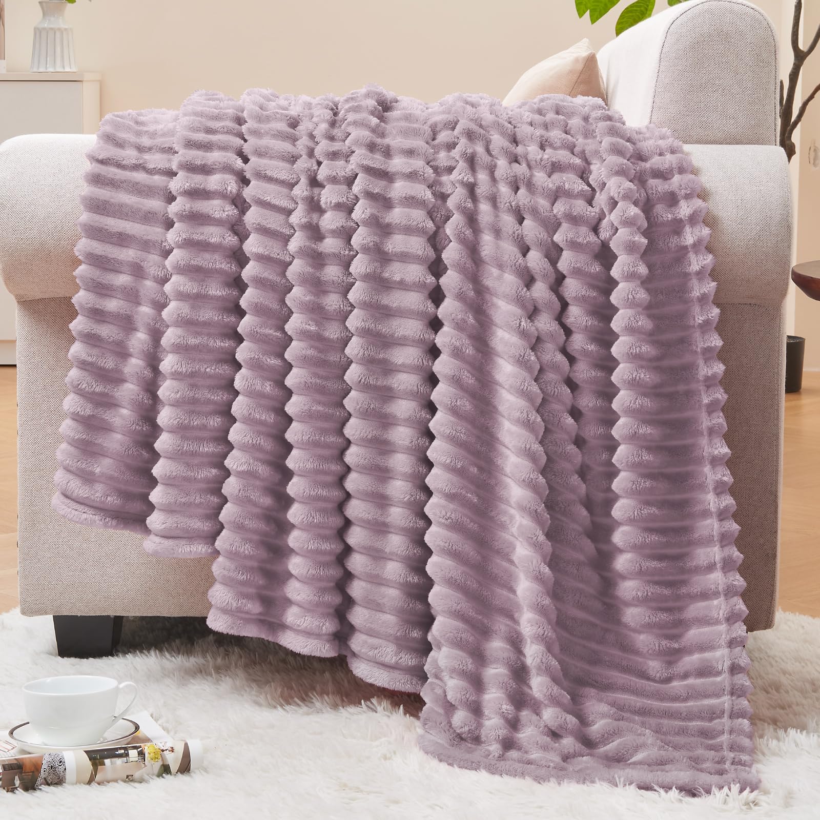 BEDELITE 3D Ribbed Dusky Violet Fleece Throw Blanket for Couch, 50x60 Inch | Soft Warm Decorative Fluffy Blanket, Cozy Plush Lightweight Fuzzy Throw Blanket for Bed Sofa Home Room Decor, Gift for Women