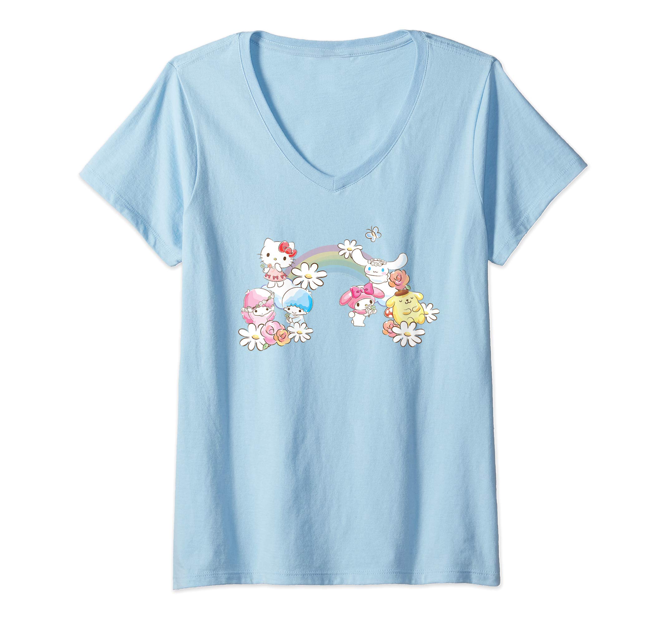Womens Sanrio Spring Hello Kitty Little Twin Stars My Melody Purin V-Neck T-ShirtOEKO-TEX STANDARD 100