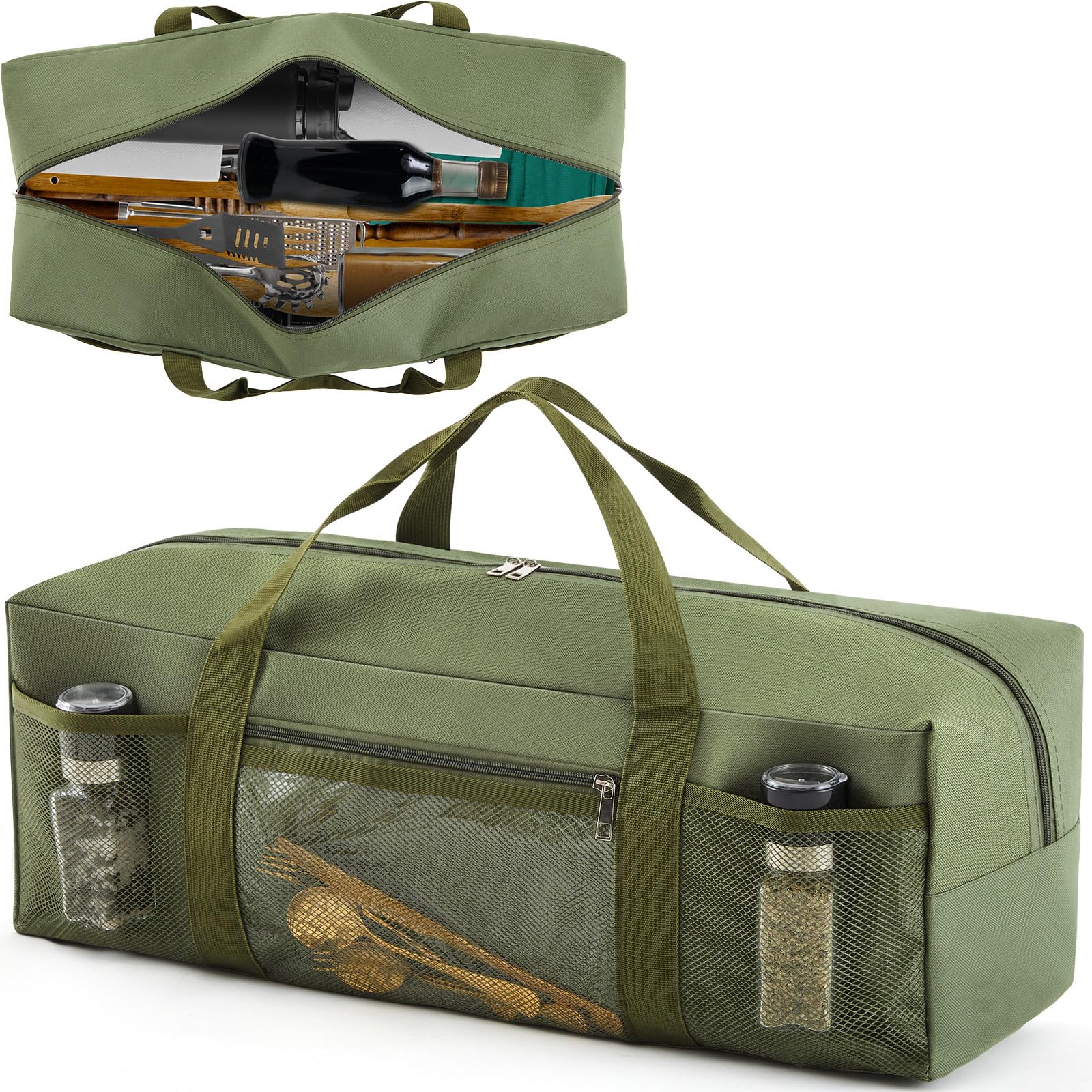 24" Grill Tool Storage Bag, Heavy Duty Waterproof BBQ Tools Bag, 24" x 8" x 8", Thickened Oxford Cloth, Unisex, Zipper Closure, Hand Strap, Pockets, Caddy for Outdoor Grilling, Camping, Hiking(Green)