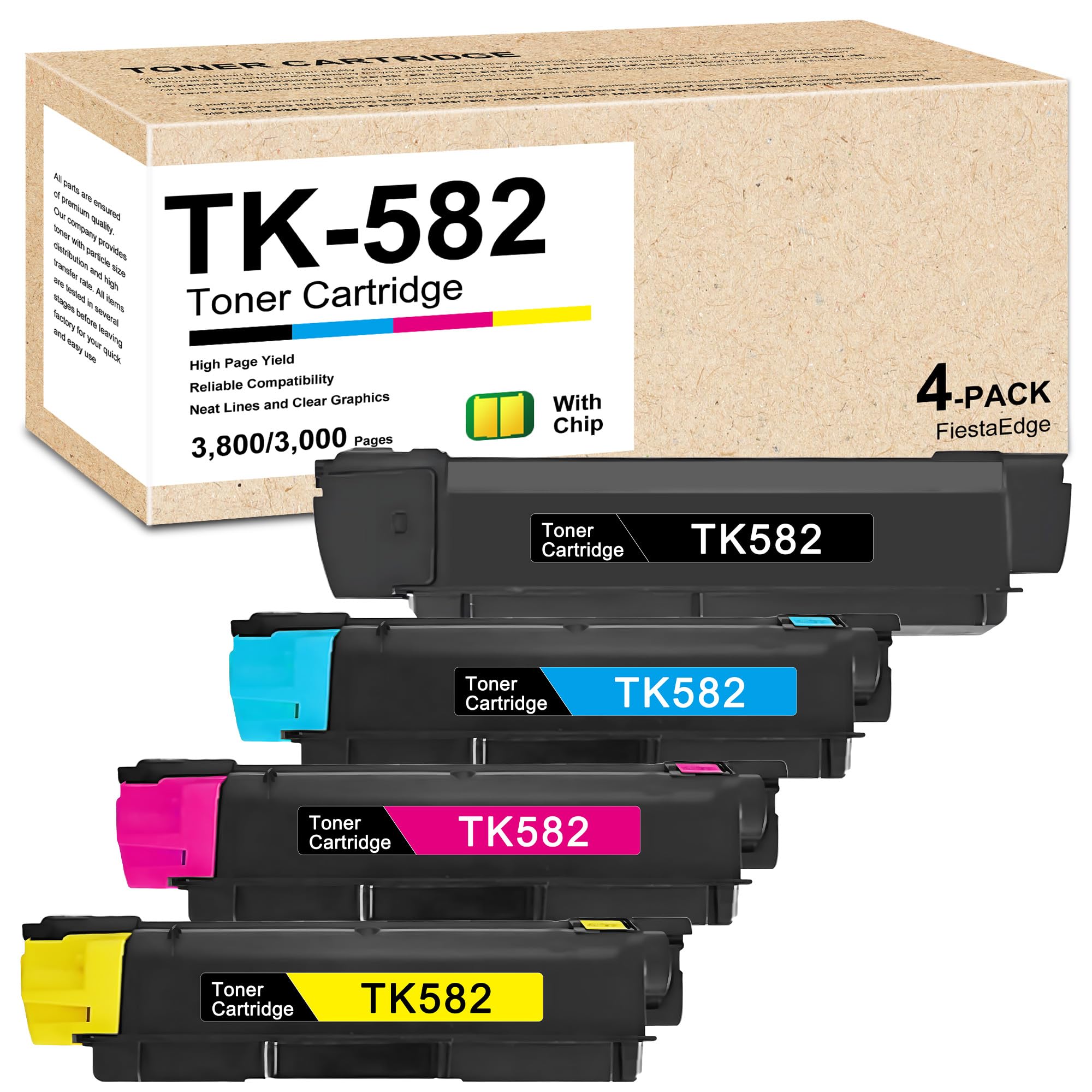 TK582 TK-582 4-Color Toner Cartridge TK-582K TK-582C TK-582M TK-582Y Replacement for Kyocera TK-582 1T02KT0US0 1T02KTCUS0 1T02KTBUS0 1T02KTAUS0 for