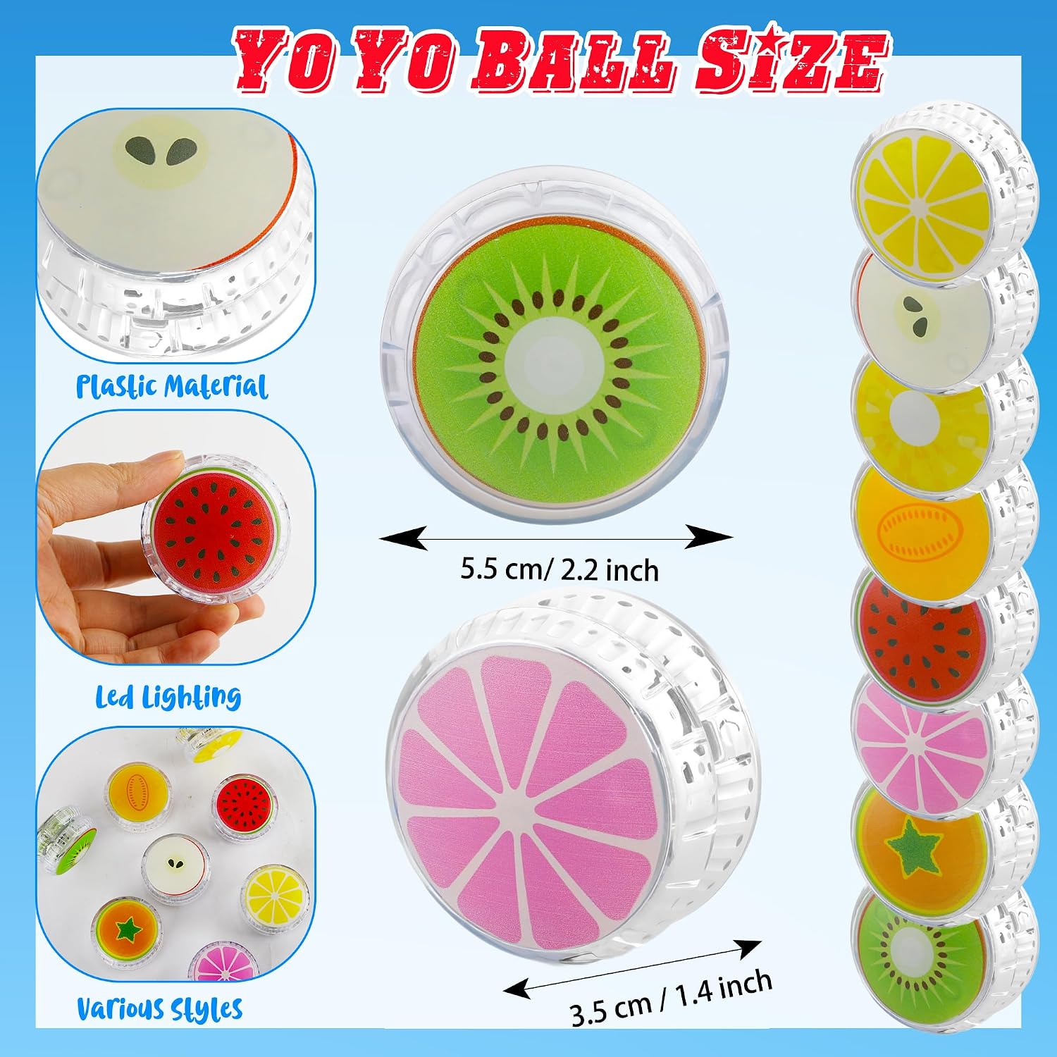 24 Pcs Fruit Designs Light up Yo Yo Ball Bulk Responsive Ball Auto Return Bearing Balls Yoyo for Beginner Birthday Classroom Bag Fillers Prizes Gifts, 8 Styles (Color Style 1)