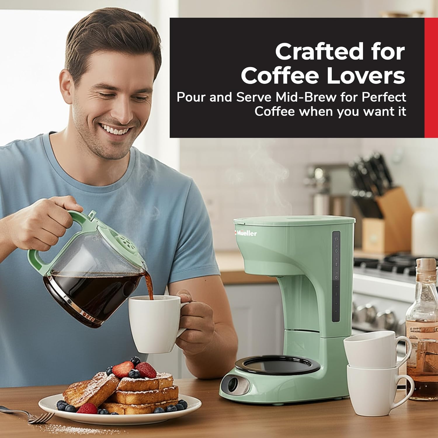 MUELLER HOME 12-Cup Drip Green Coffee Maker, Borosilicate Carafe, Auto-Off, Reusable Filter, Anti-Drip, Keep-Warm Function, Clear Water Level Window, Green Kitchen Accessories & Décor - 8
