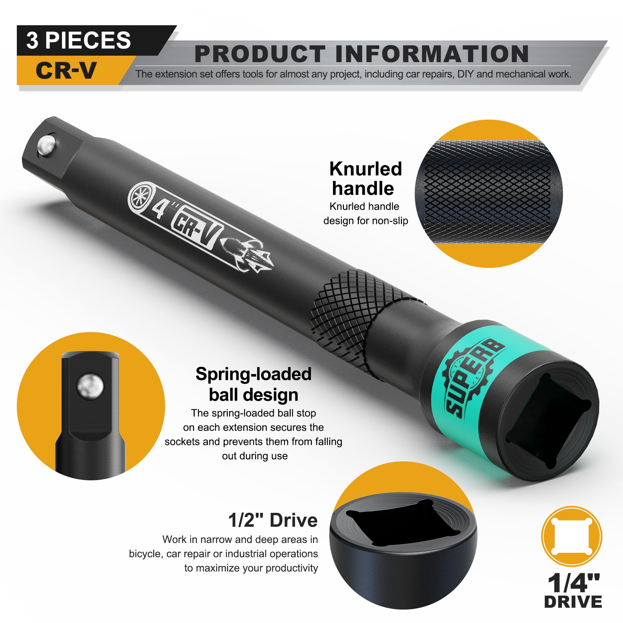 KIRXST 1/4" Impact Socket Extension Bar Set, 3 Piece Drive Extension Bar 50mm 100mm 150mm - Image 2
