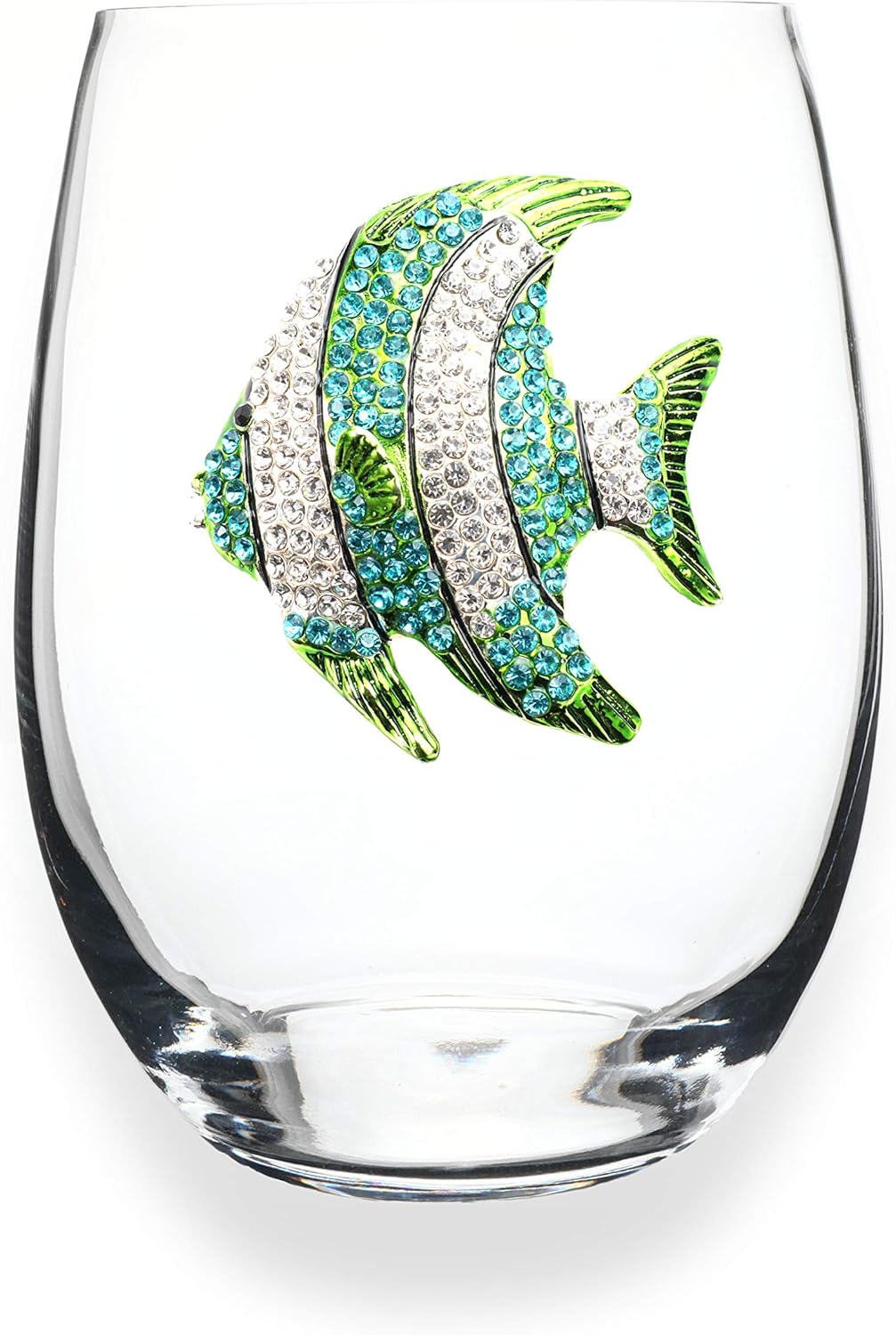THE QUEENS' JEWELS Turquoise Tropical Fish Jeweled Stemless Wine Glass - 21 oz. - Unique Gift - Decorated with Brilliant Rhinestones - Not Painted - Made By Artisans In USA