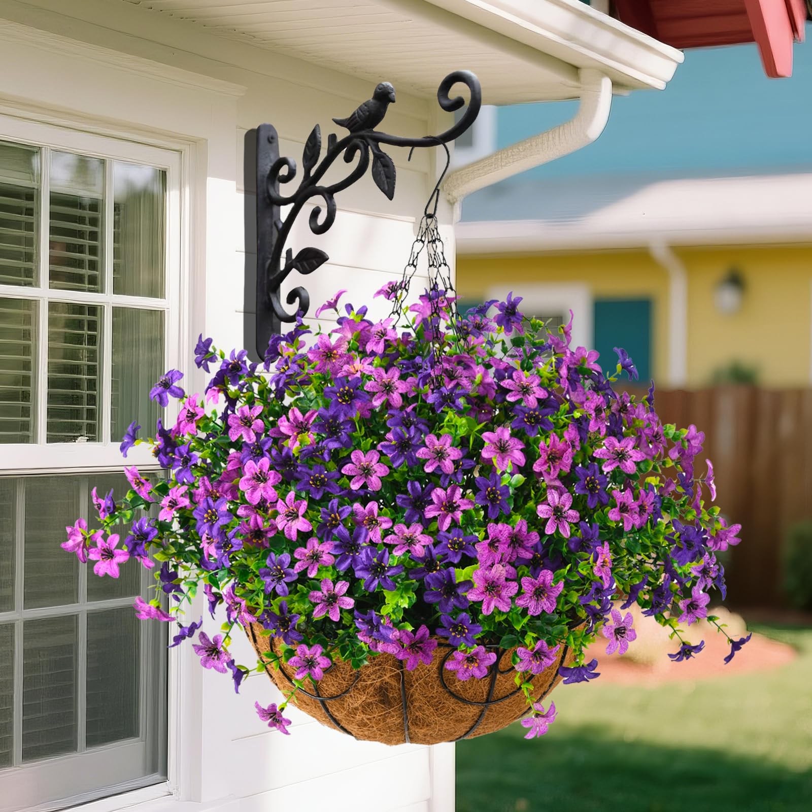Artificial Flowers Hanging Baskets, Multicolor 12 Bundles Faux Flower Outdoor Hanging Basket Spring Summer Decoration, Fake Flowers Plants for Porch