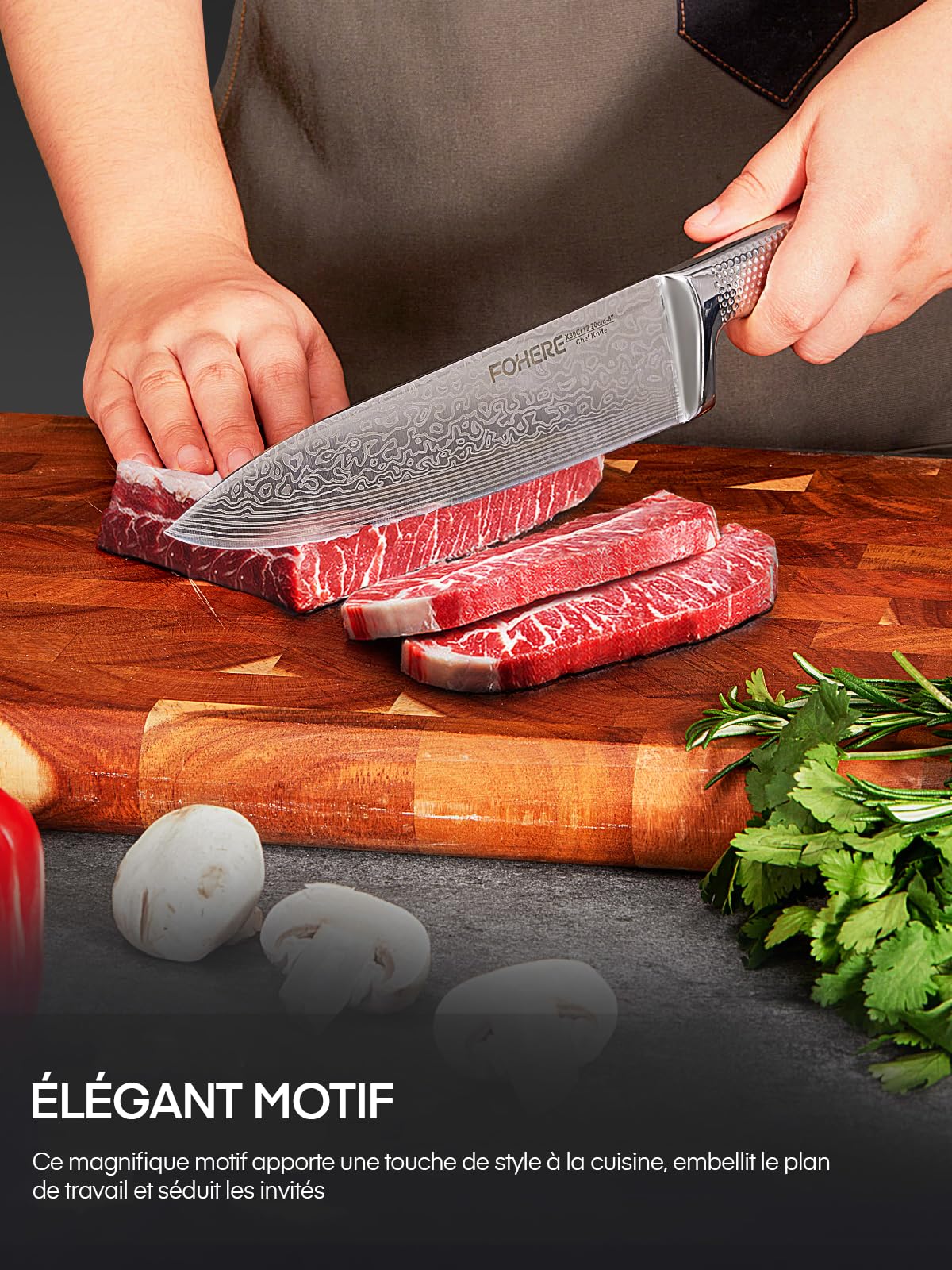 FOHERE Couteau Cuisine, 7 Pièces Set Couteaux Cuisine avec Technologie Affûteur Intégré, Couteaux de Cuisine en Acier Inoxydable, avec Bloc Couteaux en Bois