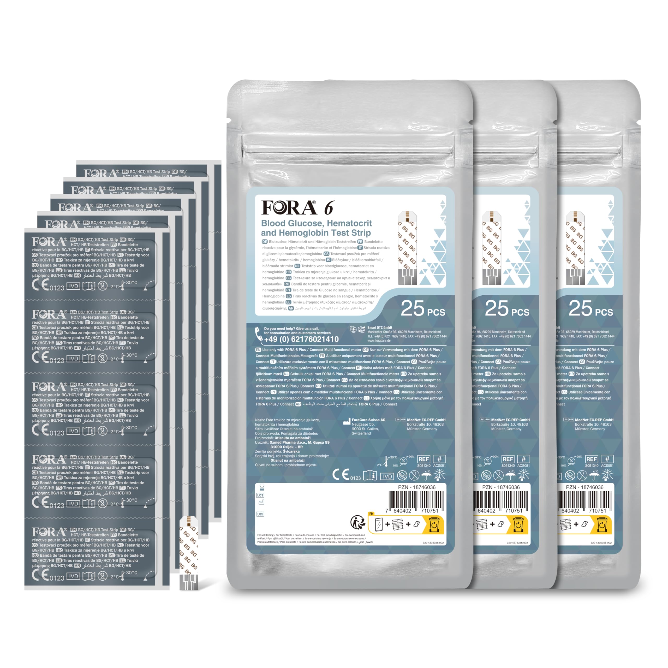 Tiras Reactivas FORA 6 para Glucosa, Hematocrito y Hemoglobina (3-en-1: BG, HCT, HB) / 75 unidades