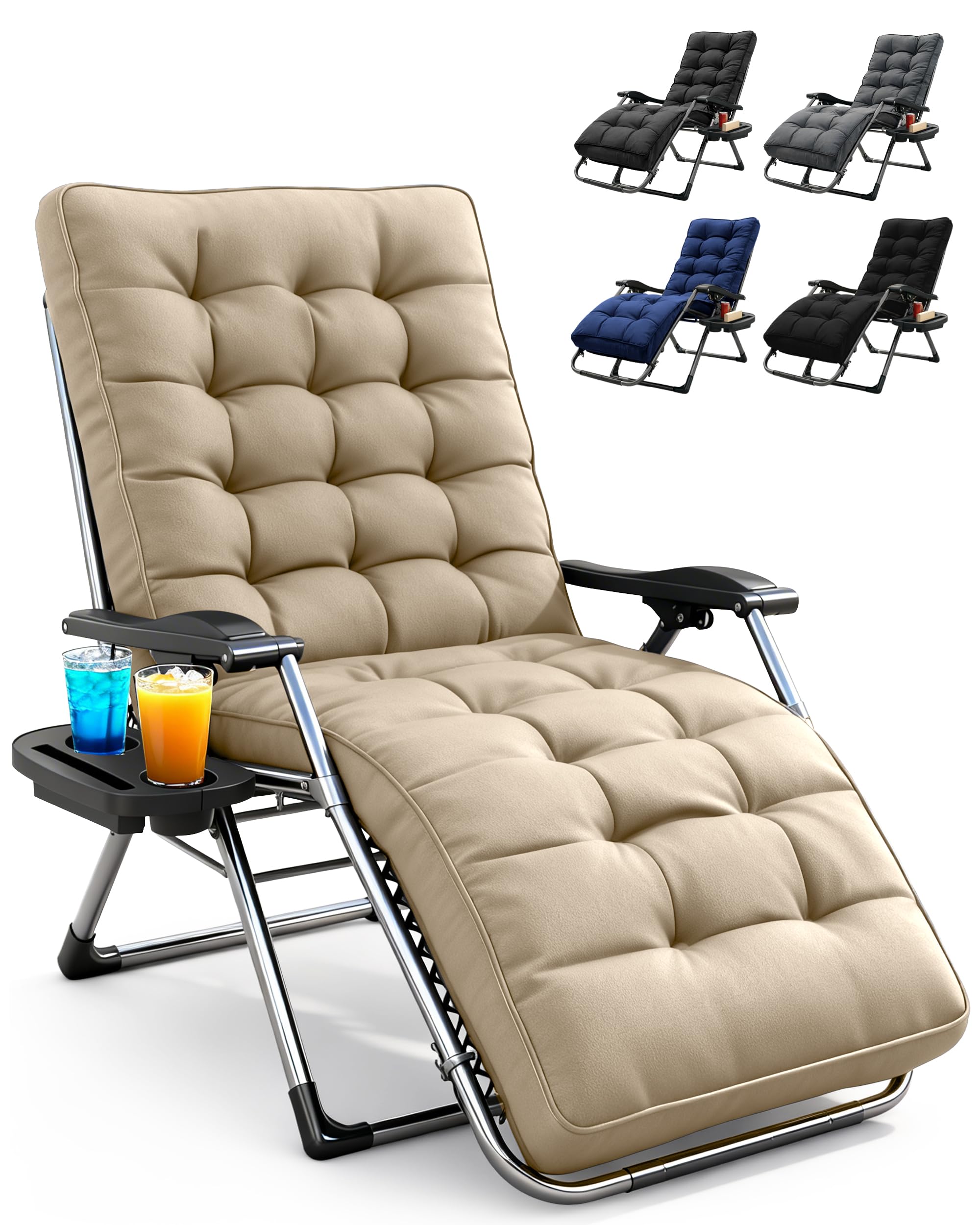 KEPLIN Square Tube Gravity Chair with Cushion 1 Pack – Extra Wide 72cm Zero Gravity Reclining Garden Chair, Reinforced Frame Supports 150kg, Locking System, Cup Holder, Foldable Sun Lounger