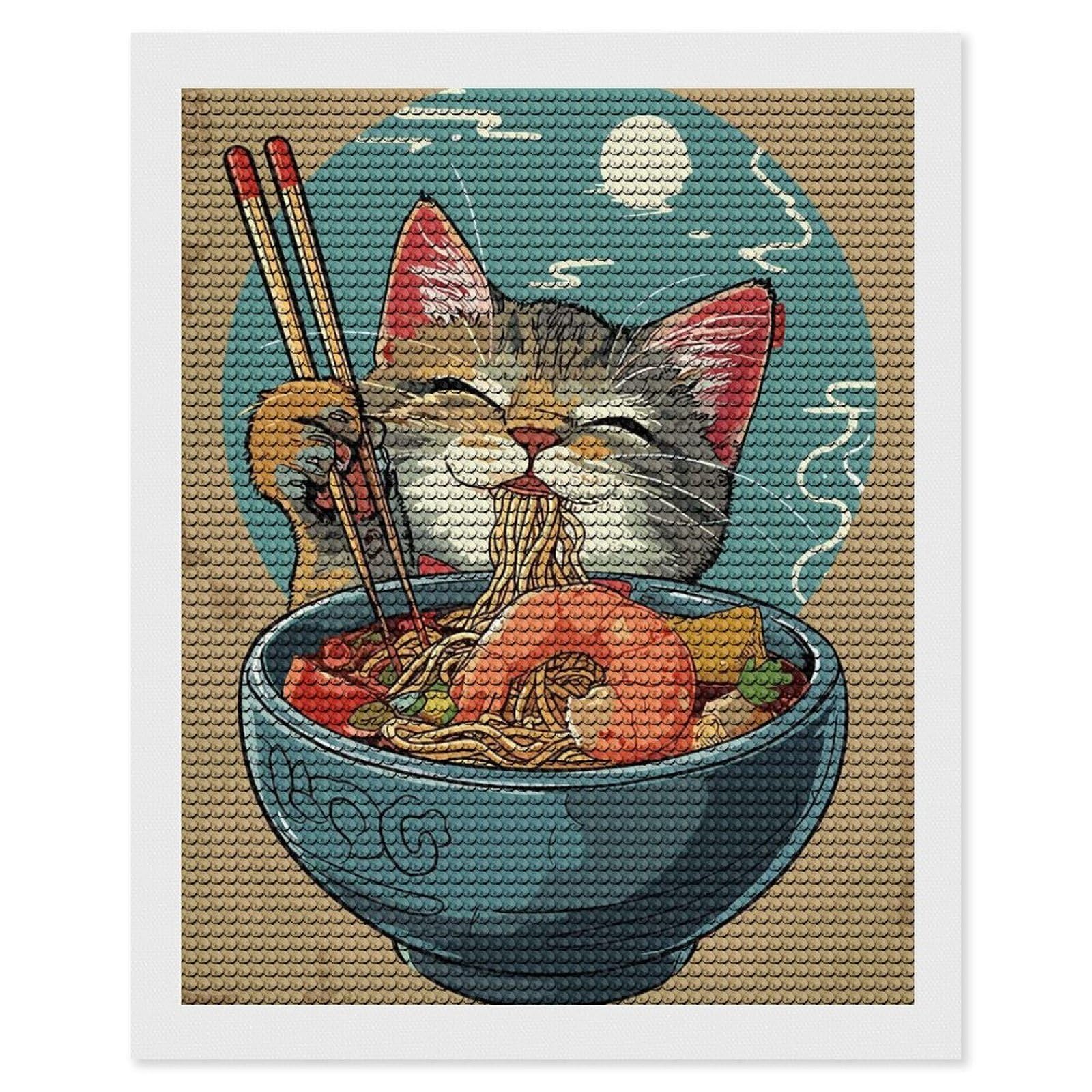 Junmoney Anime Cat Ramen Bowl Full Drill Diamond Painting Kit 16"x20", for Teens, Adhesive Canvas, Bedroom Decor, Holiday Gift Idea