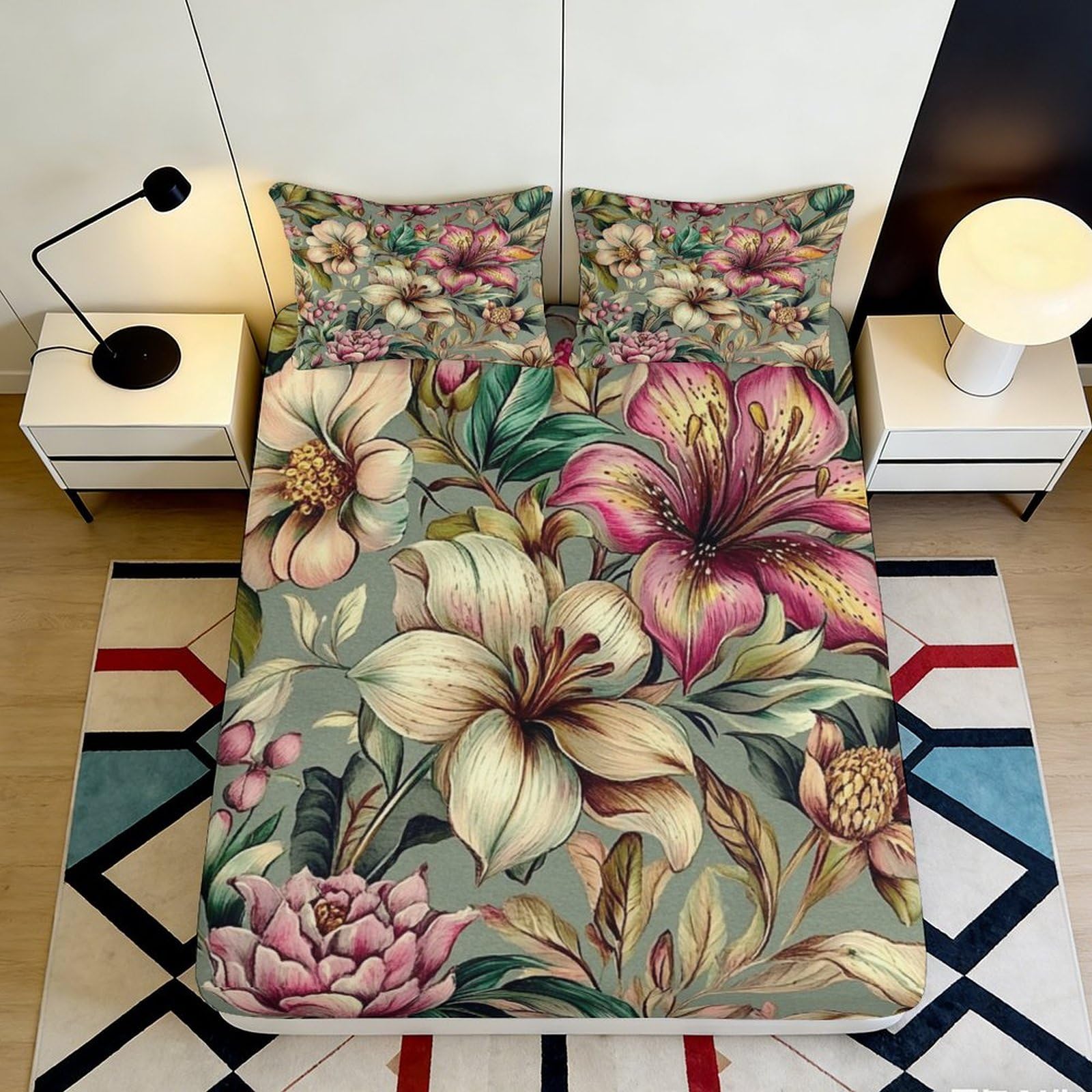 3D Printed Tropical Lily Blossom Fitted Sheet Microfiber Non Slip Mattress Cover Floral Art Decor Bedroom 90x200x25cm