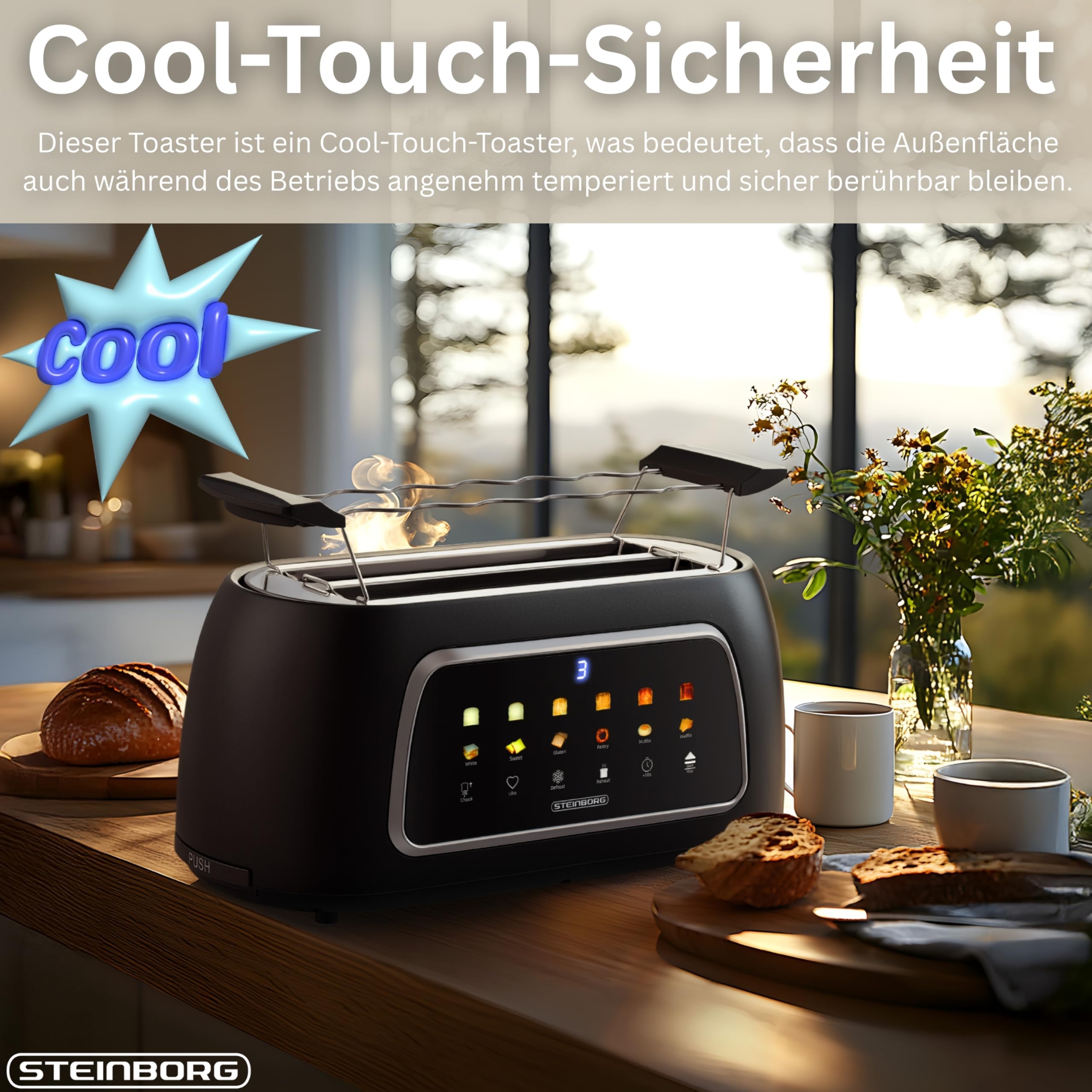 Steinborg Tostapane automatico con inserto per panino, 4 fette, funzione di sollevamento automatico senza leva, tostapane automatico, display digitale, indicatore del pane, spegnimento automatico