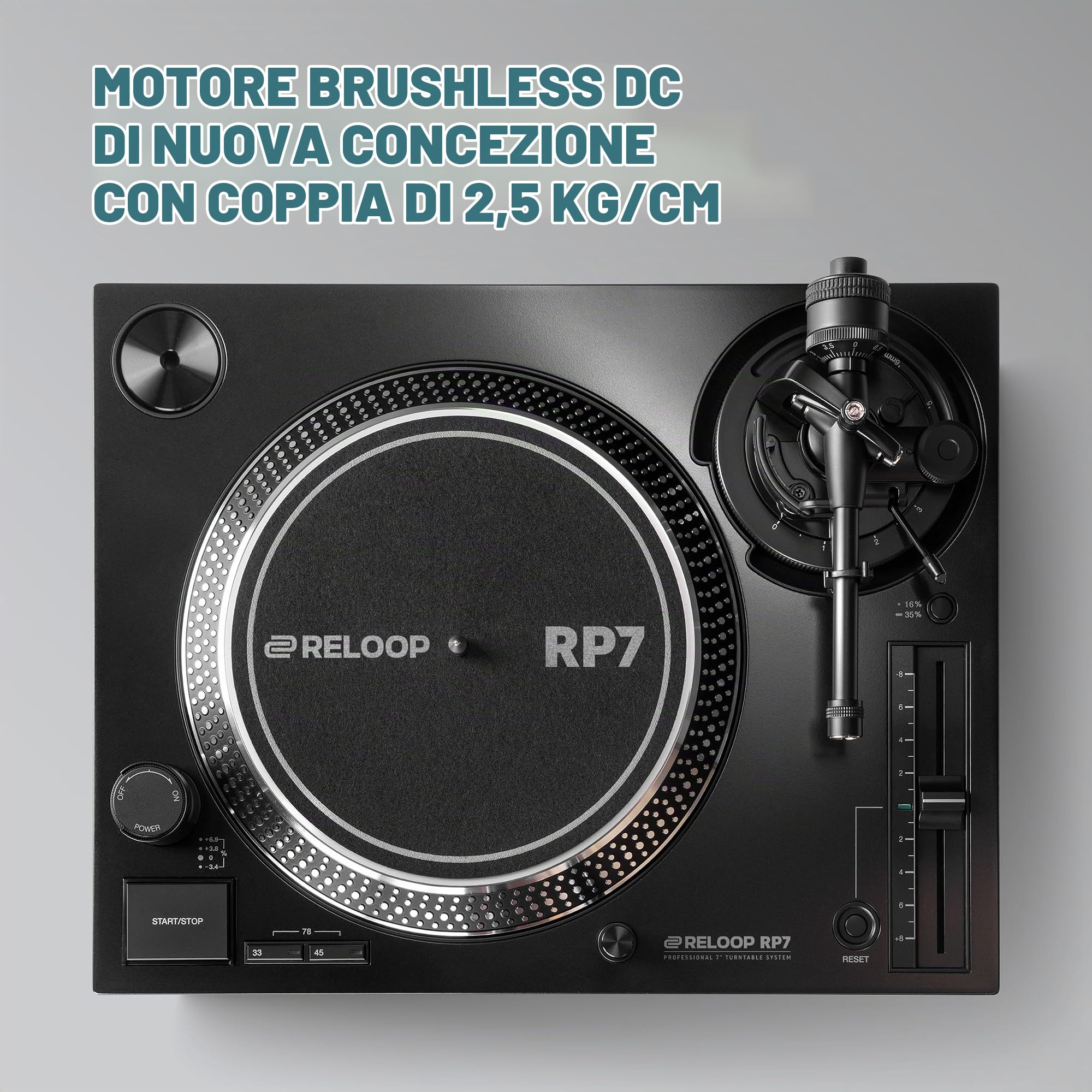 Reloop RP-7 - Giradischi Professionale per Vinili 7'', 3 Velocità, Pitch Regolabile, Braccio in Rame, Nero