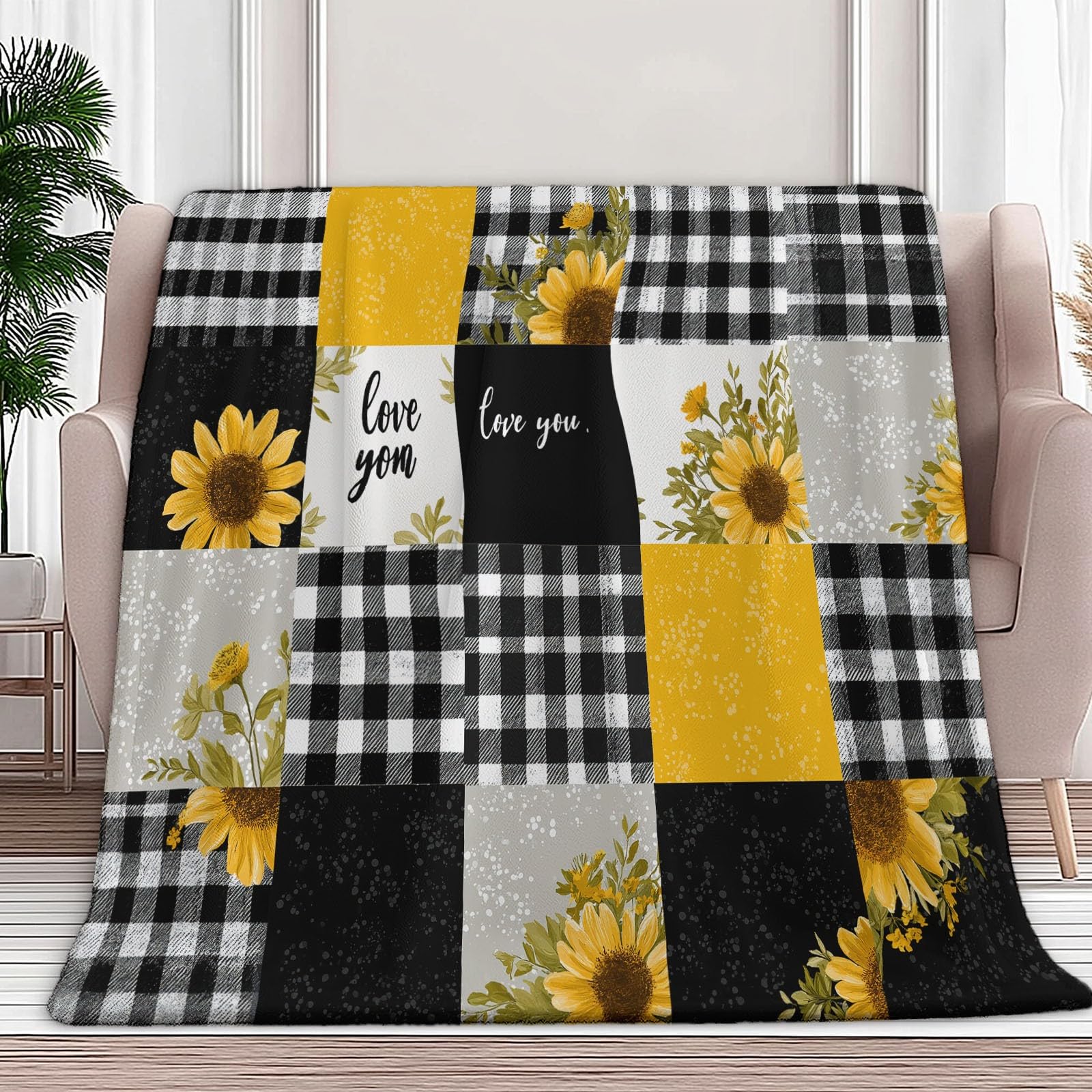 Polarowy koc flanelowy dla dzieci i dorosłych 200 x 200 cm, koce na kanapę z prostym nadrukiem czarno-białe kwadratowe promienie słońca Aoi - Miodowy żółty miękki ciepły ciepły lekki koc