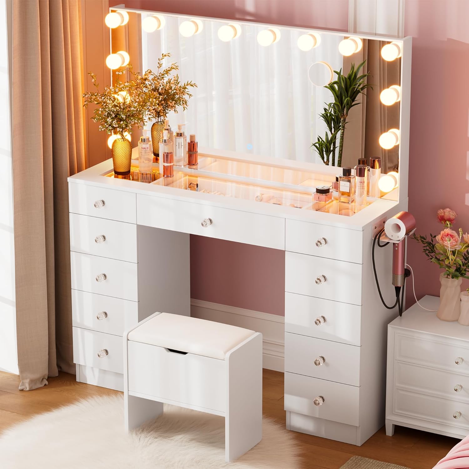 SMOOL Vanity with Mirror and Lights - 46" Vanity Desk with Outlet and 11 Drawers, 3 Color Lighting Modes Adjustable Brightness, Glass Top Makeup Table with Soft Cushioned Stool for Bedroom (White)