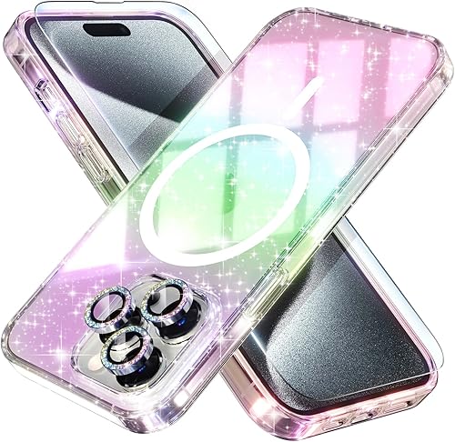 Miniatura 9 de Choiche Funda magnética para iPhone 15 Pro Max, funda transparente con purpurina brillante para mujer, 3 protectores de lente de cámara de diamante