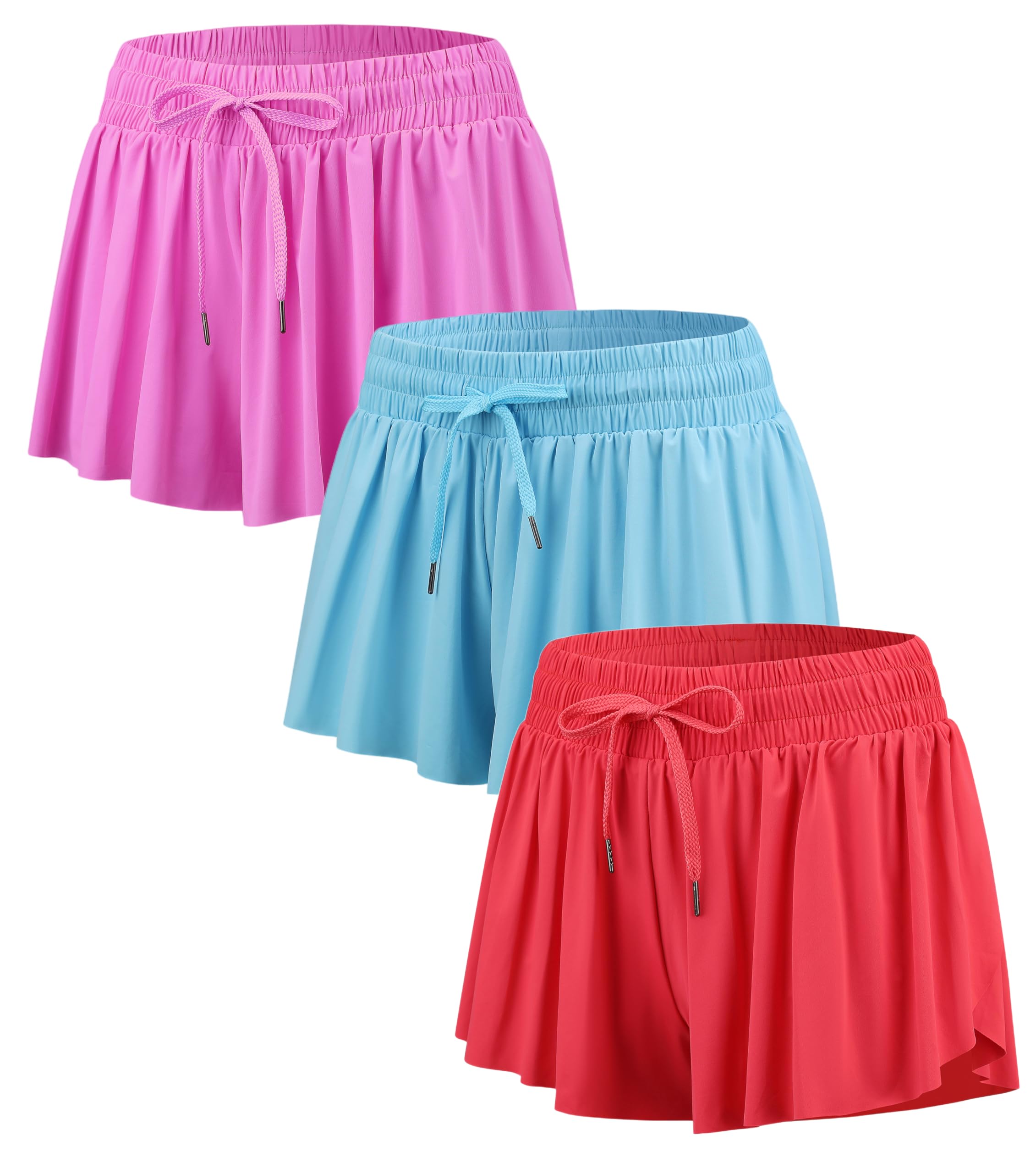 Yknktstc 3 Pack Womens 2 in 1 Flowy Butterfly Running Shorts with Pockets S Hot Pink Sky Blue Red