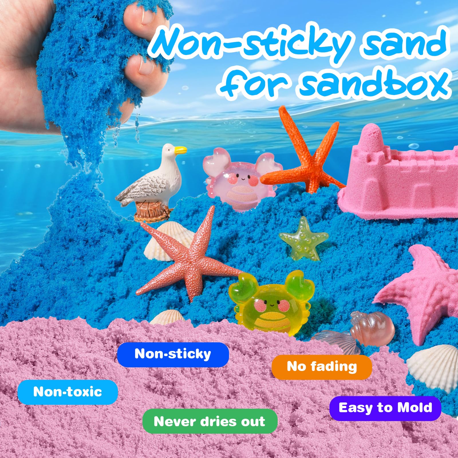twoonto Spielsandkunst Set, Ozean Sensorikbehälter mit 1,5 kg Farbsand Sandkasten Sensorikspielzeug Meerestierformen, Burgformen für Mädchen und Jungen im Alter von 3 4 5 6 7 8 9 Jahren