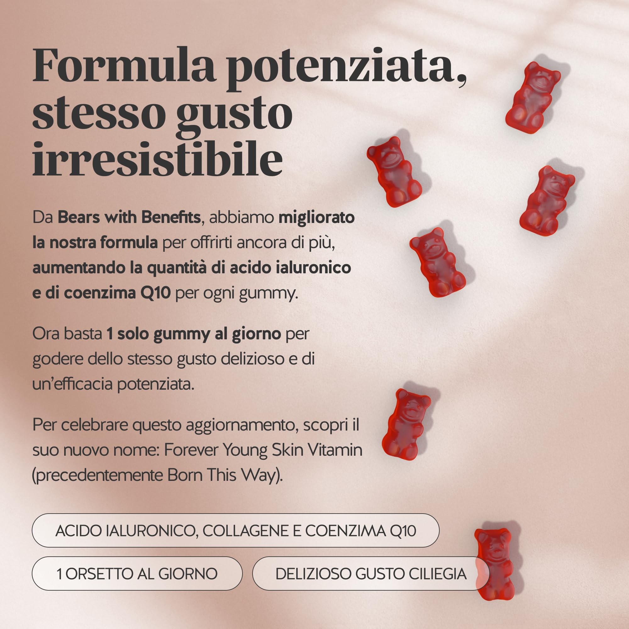 Forever Young Skin – Collagene Vitaminico & Acido Ialuronico – Gommose Anti-Age – con Vitamina C, E e Coenzima Q10 – 30 pezzi (1 mese) – Senza zuccheri – Bears with Benefits