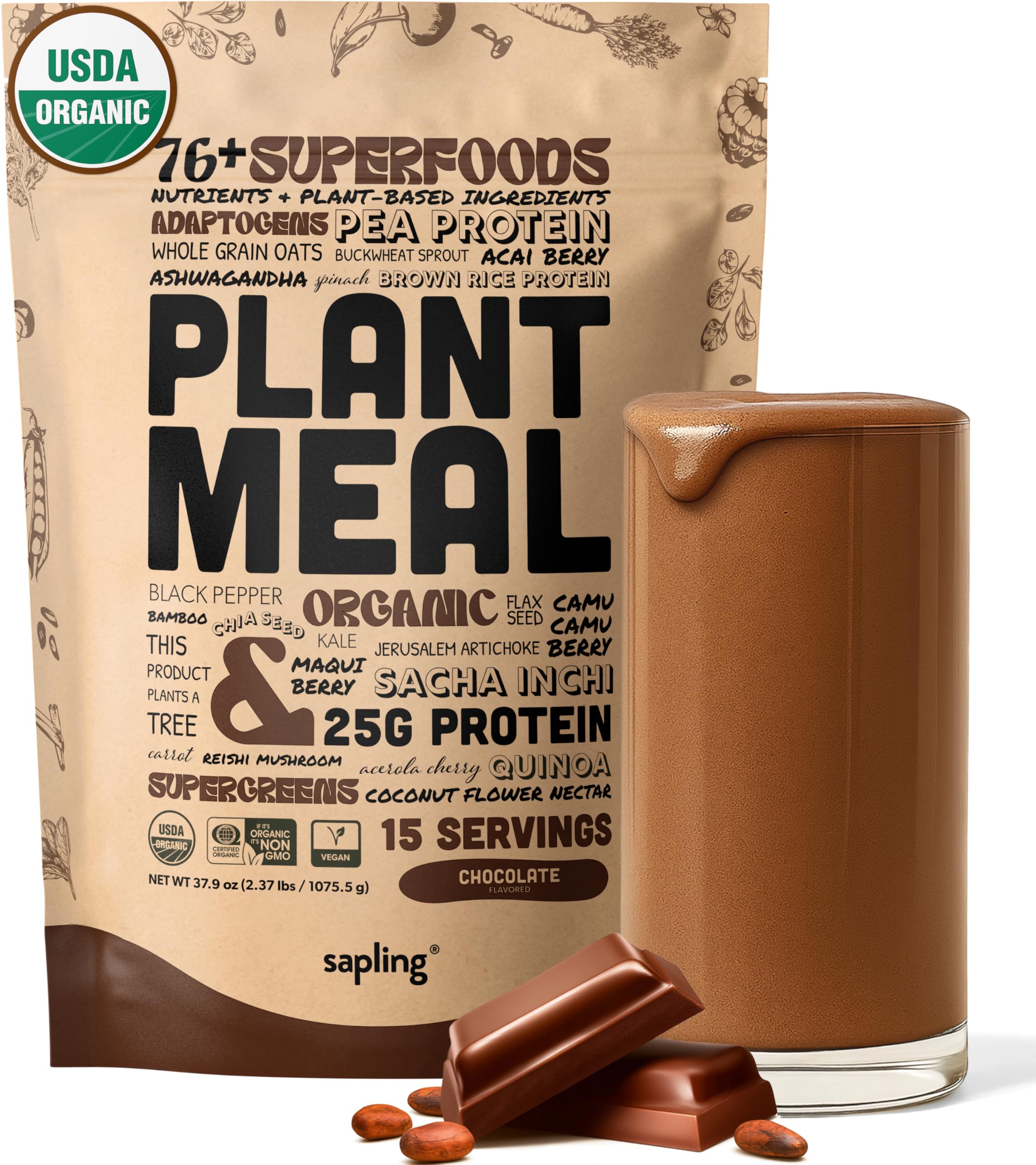 Sponsored Ad - Plant Meal Replacement Shake - Chocolate - 25g of Plant Based Vegan Protein Powder, 76+ Organic Superfoods, Vitamins & Minerals, Mushrooms, Super Greens, Digestive Enzymes & Probiotics - 15 Servings