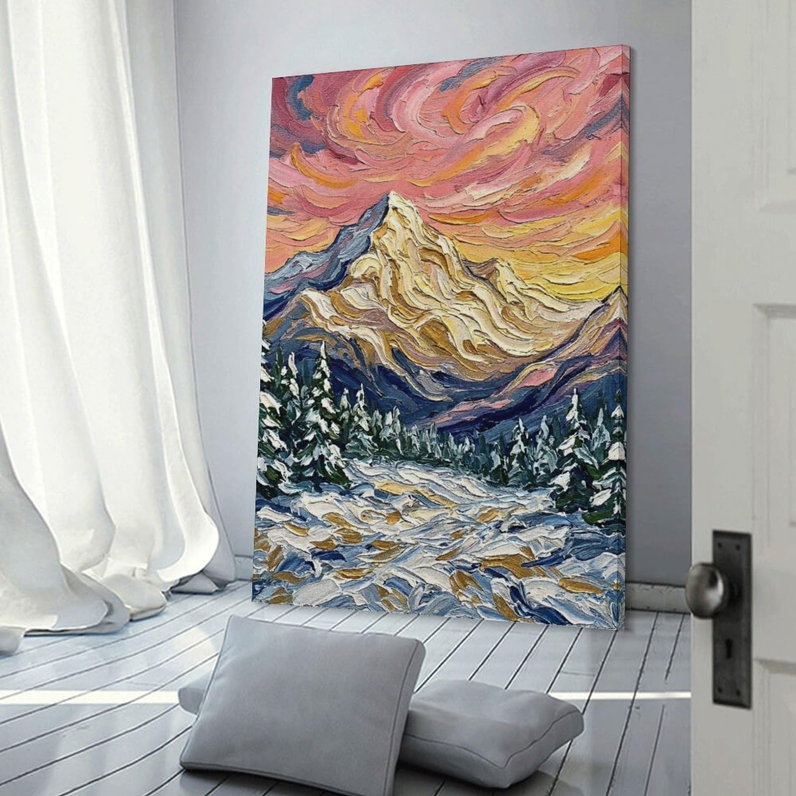 Junmoney Impasto Winter Mountain Landscape Painting Wall Picture Print, 12x18inch(30x45cm), for Art Walls, Layered Displays Or Homes, Home Wall Art for Statement Displays