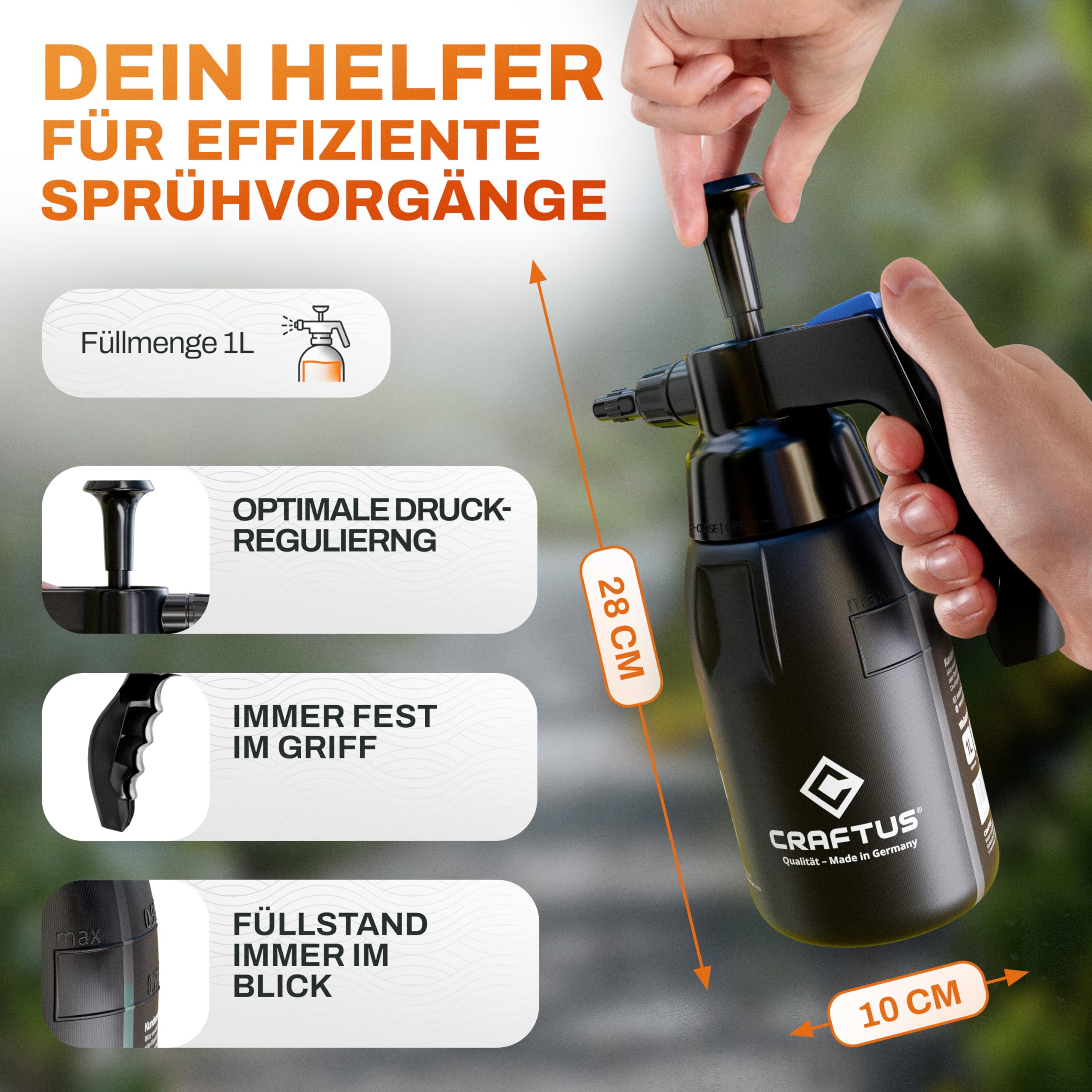 CRAFTUS® Drucksprüher 1L für gleichmäßige Verteilung von Flüssigkeit I Pumpsprühflasche für den Haushalt [EPDM] I Pumpflasche mit Überdruckventil & Verstellbarer Düse