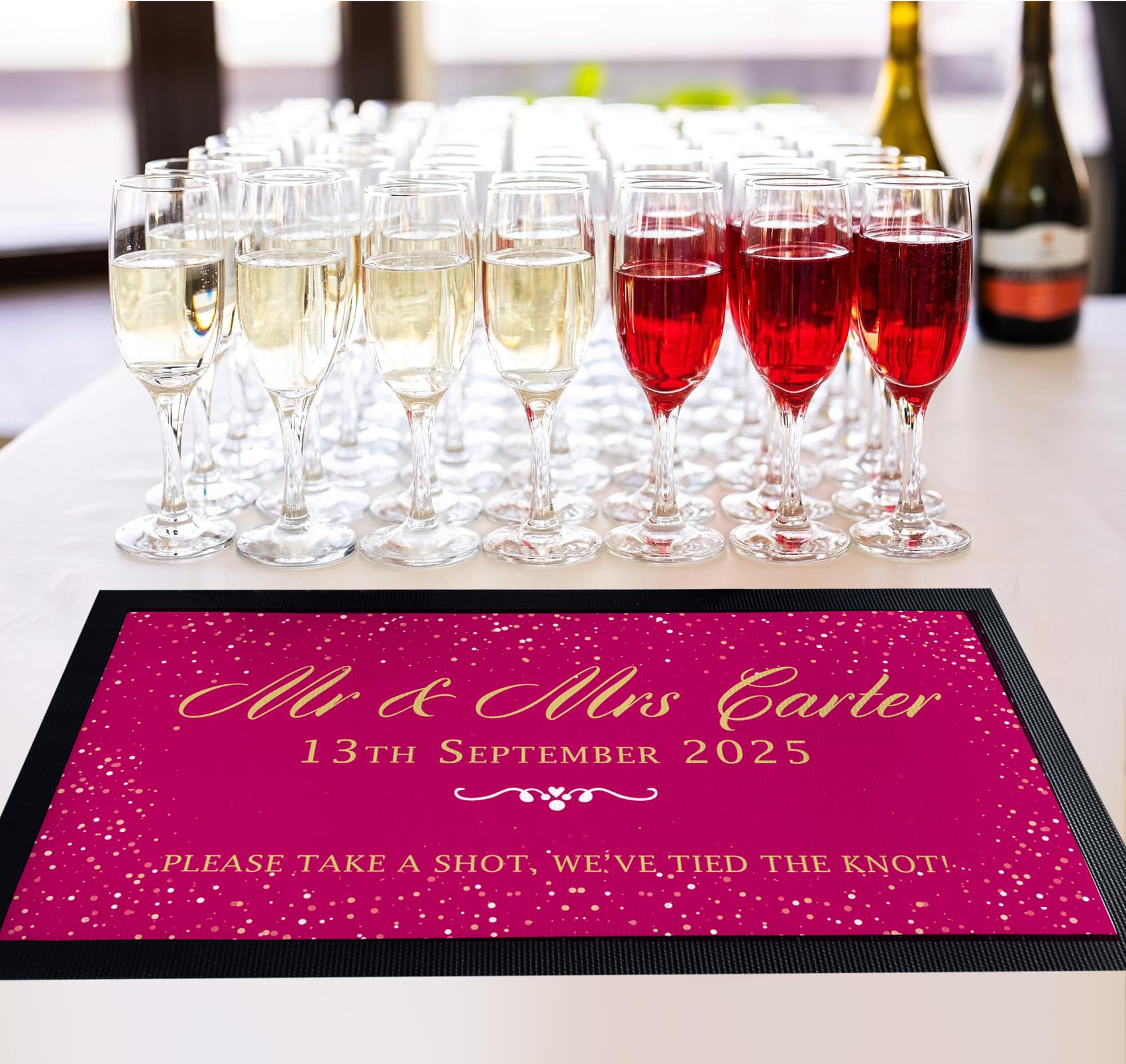 Personalised Wedding Bar Runner – Custom Wedding Table Decor | Bar Mat for Reception, Venue or Home Bar | 44 x 25cm (Dark Pink)