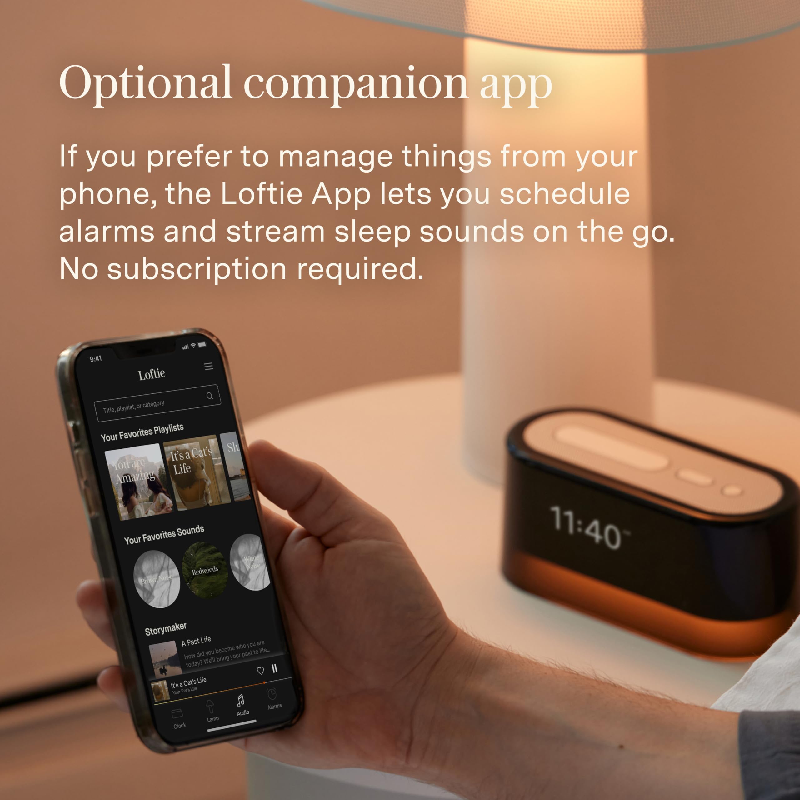 Loftie Wecker mit Soundmaschine - Smart Wecker mit Licht, Weißem Rauschen, Bluetooth-Lautsprecher, Nachtlicht-Soundmaschine, 100+ Sounds, Verdunkelungsmodus, Kein WiFi-Modus, Optionales Abonnement