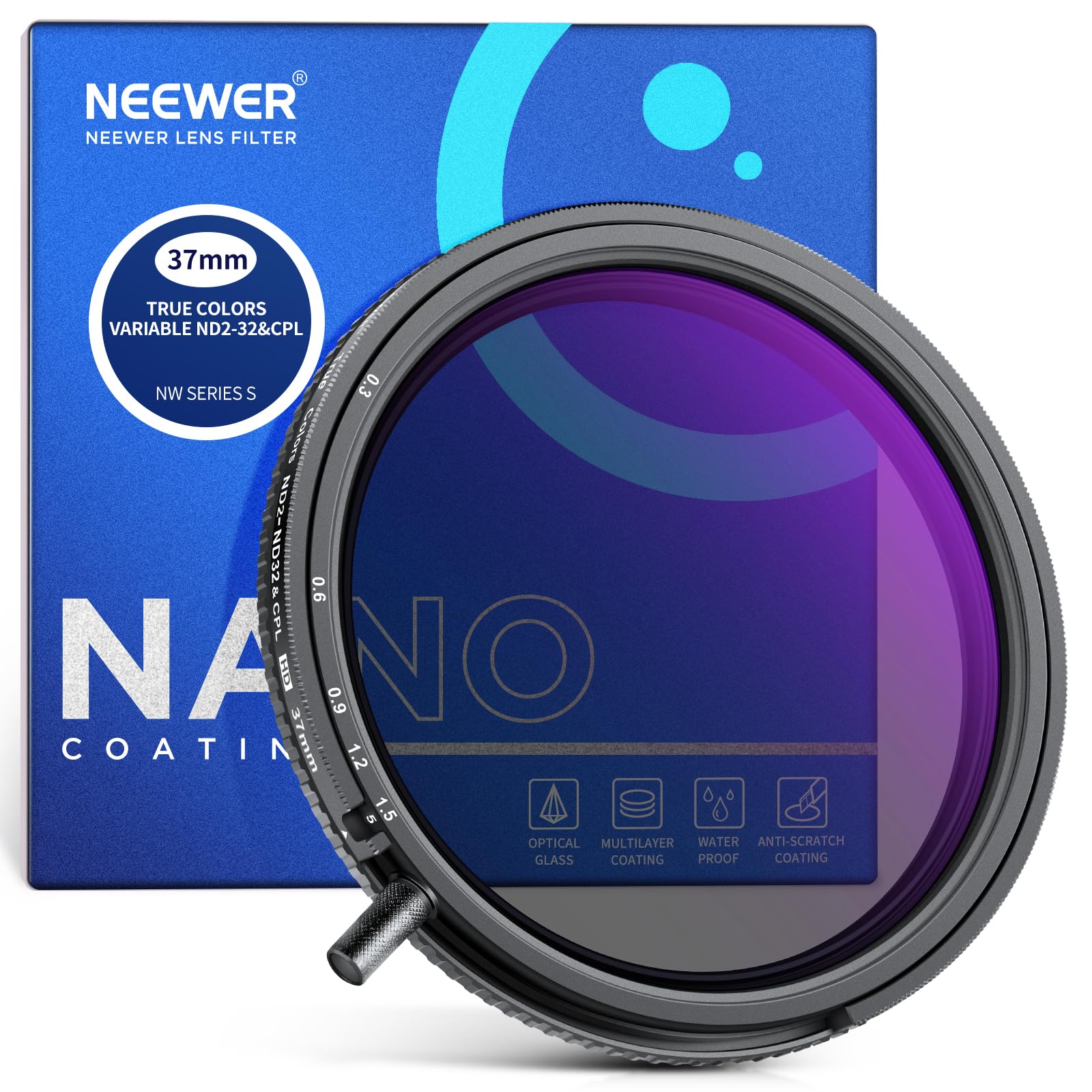 NEEWER 37mm Color Verdadero Variable ND2-ND32 y CPL Filtro, 2 en 1 Polarizador Circular y Densidad Neutra Ajustable, Vidrio Óptico HD Multicapa/Marco Aluminio/Repelente al Agua/Resistente a Arañazos