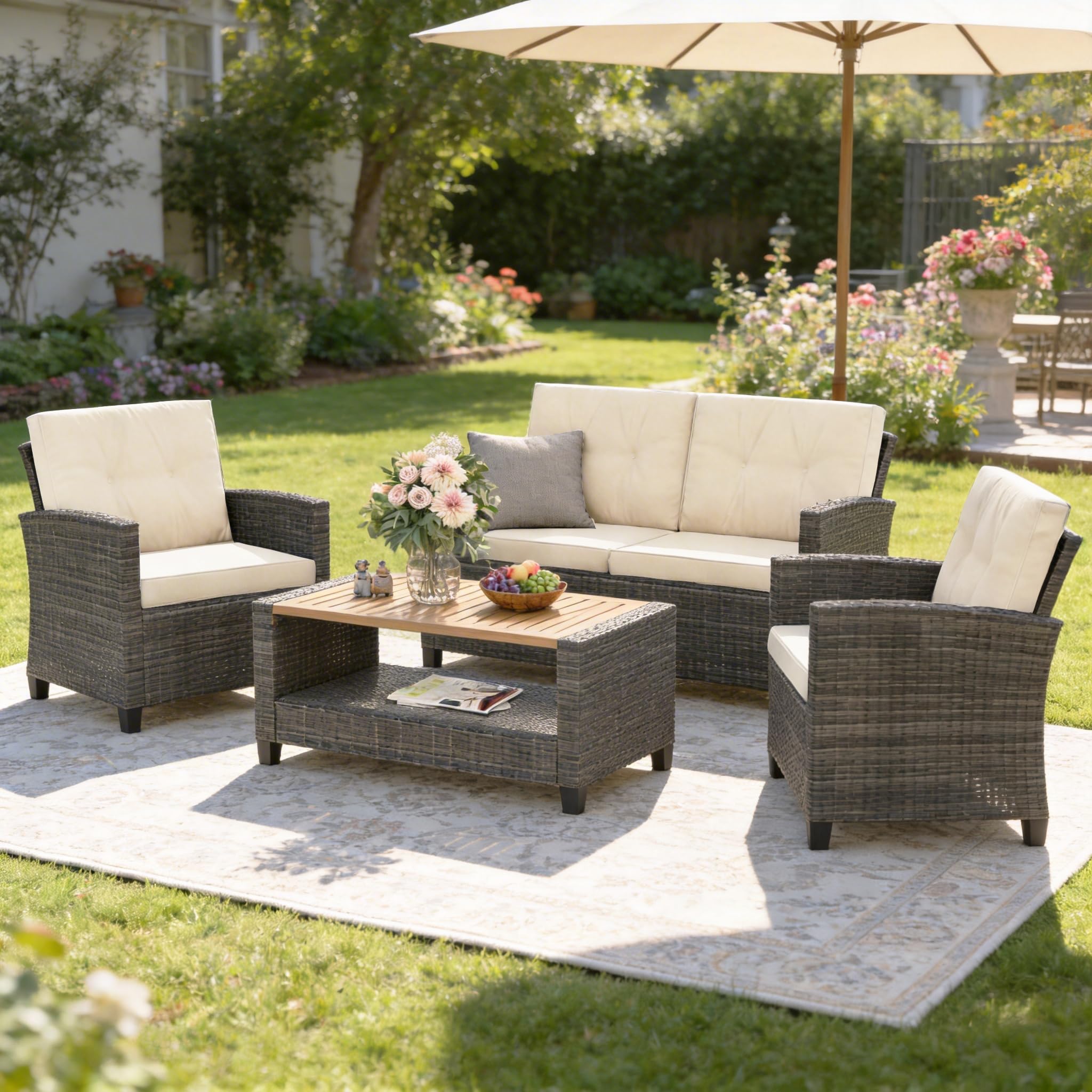Wisteria Lane 4 Piece Patio Furniture Set, Wicker Outdoor 4, Beige Wood |  eBay