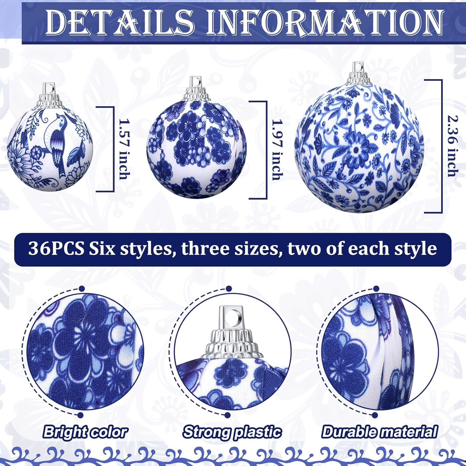 36 Pcs Christmas Chinoiserie Ball Ornaments Blue and White Chinoiserie Tree Decoration Christmas Tree Hanging Ornaments Blue White Fabric Wrapped Xmas Decorations for Party, 3 Sizes