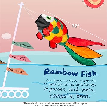 emma kites Cute Rainbow Fish Windsock Spinner Spiral 32-inch