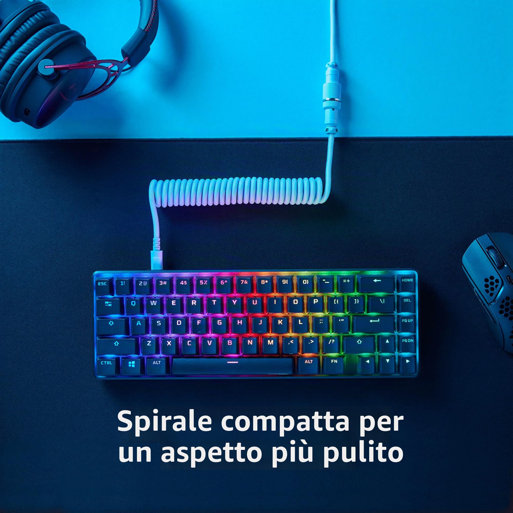 HyperX Cavo a spirale flessibile, Collegamento USB-A/USB-C, Connettore aviator a 5 terminali a sgancio rapido, Collegamento per tastiera, Design a doppia guaina telata resistente, Grigio