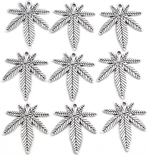 Miniatura 4 de 50 dijes de hoja de arce de marihuana de plata antigua, maceta médica, hojas de árbol de cannabis, colgantes para manualidades, aretes, collares,
