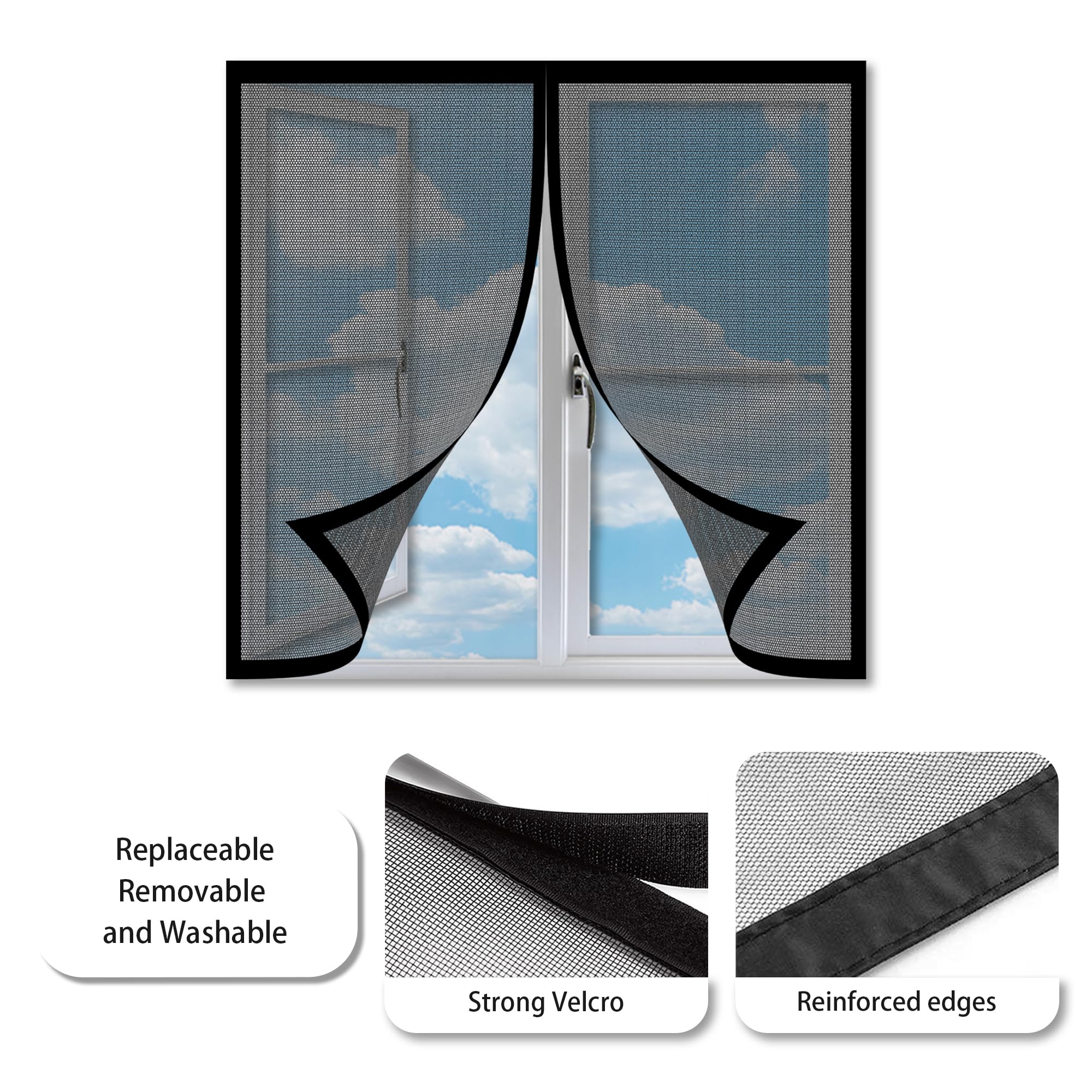 Moustiquaire Magnétique 128 X 112 Cm Sans Perçage Fermeture Automatique Rideau En Maille Gaze Moustiquaire Arrêter Autres Insectes Bestioles Pour Tout Type De Fenêtre, Noir