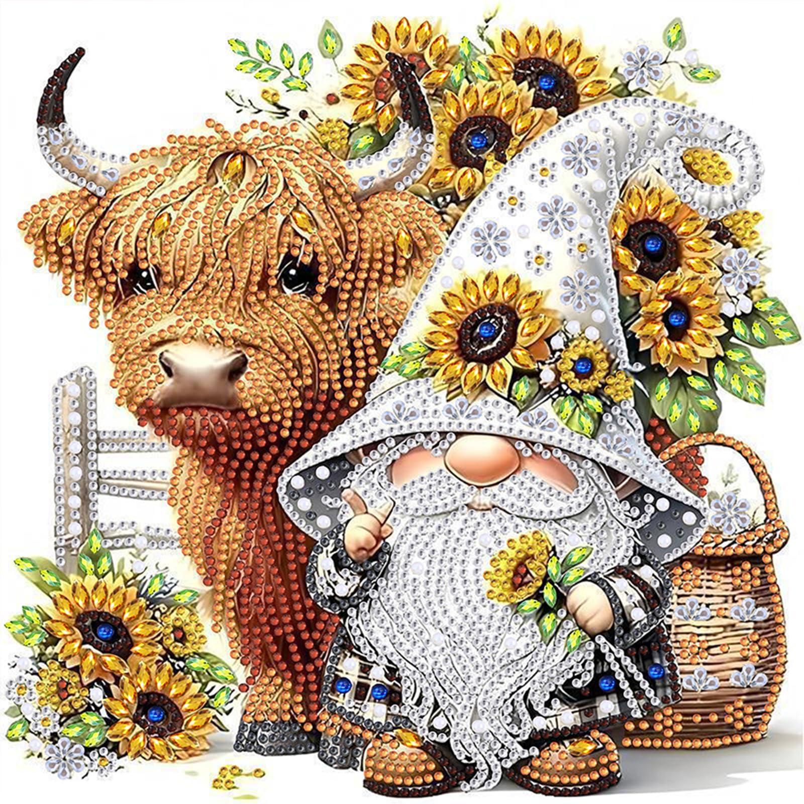 POETRYDRAW Highland Cow and Sunflower Gnome Special Shaped DIY Partial Drill Diamond Art Painting Kits for Adults Beginners Home Decor Diamonds Paintings Gem Art 30x30cm