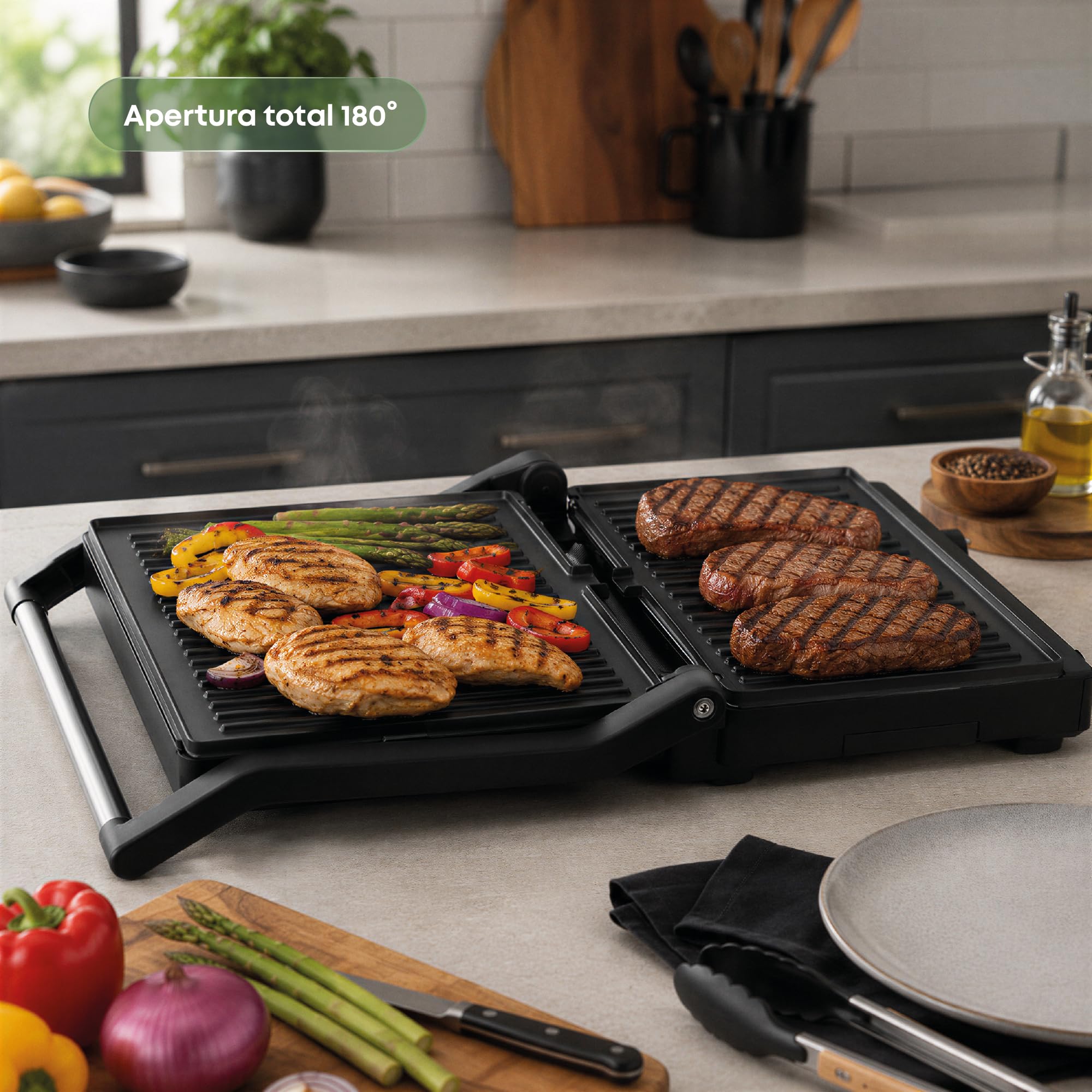 Hoffen Grill de Contacto 3 en 1, 1334 cm2, Placas Lavables Antiadherentes