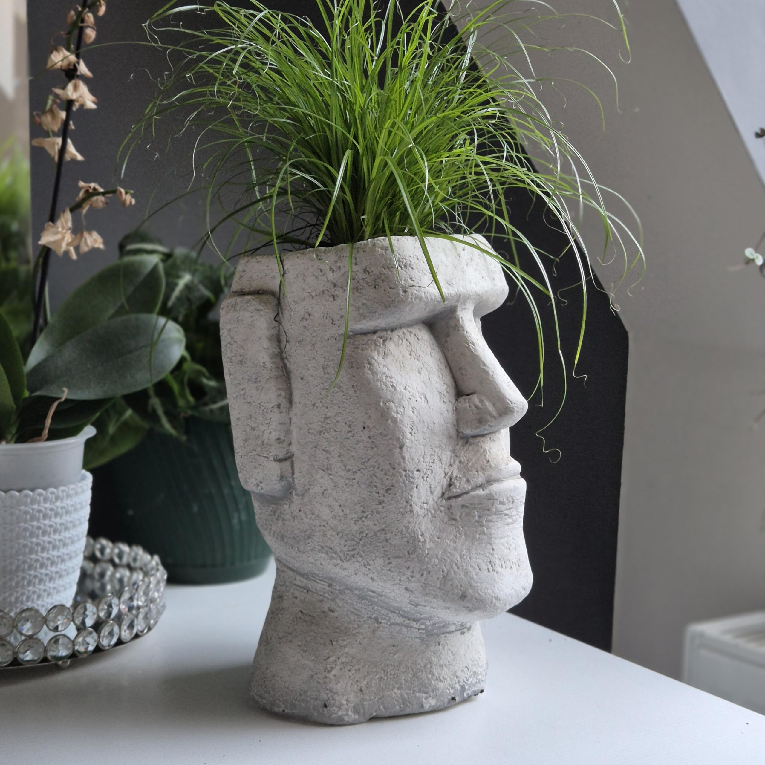 FABRIQ Moai figurka dekoracyjna do ogrodu, sztuczny kamień z doniczką, wysokość 26 cm, 6 kg, ręcznie malowana statuetka wysp wielkanocnych