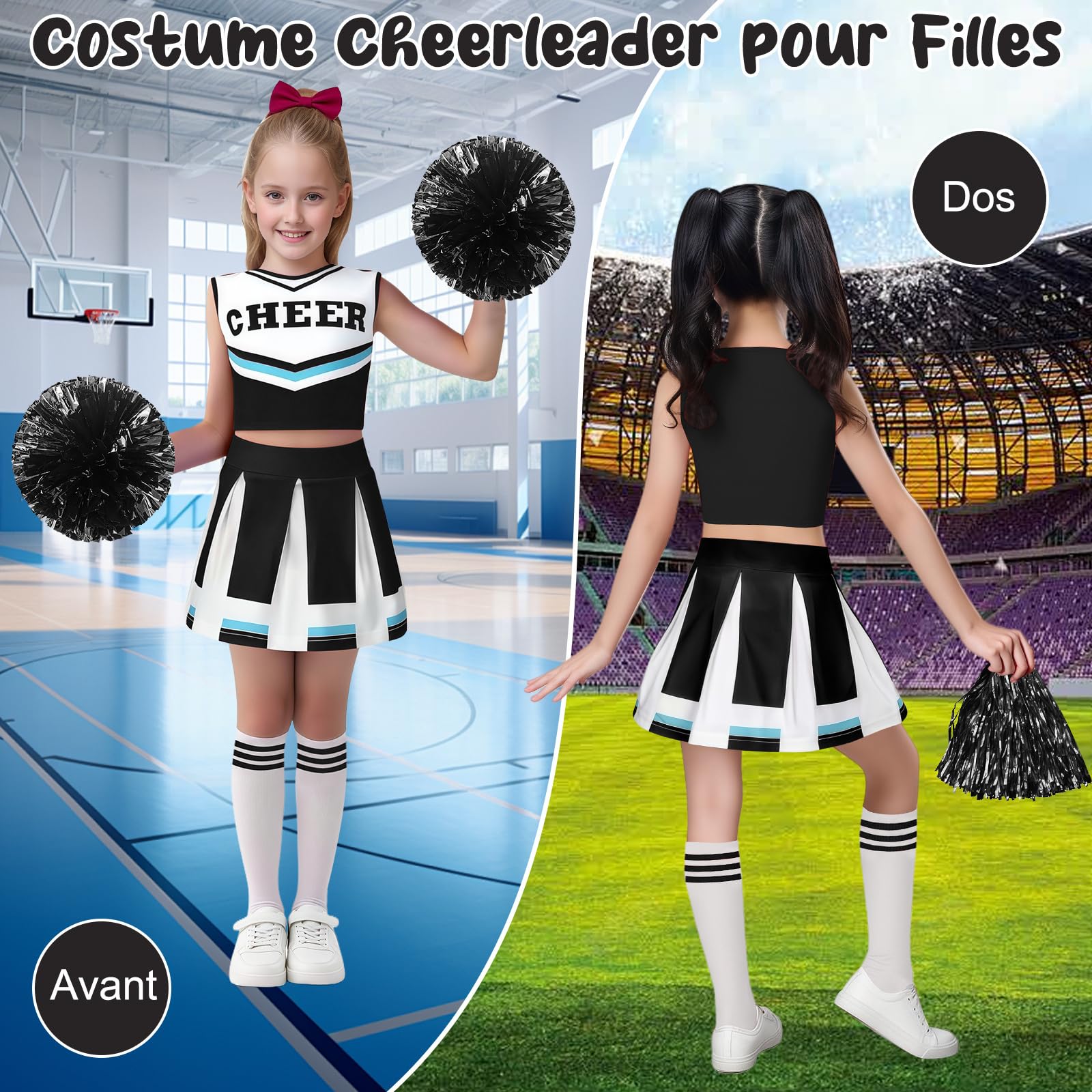 Luckyou Deguisement Pompom Costume De Cheerleader Déguisement Uniforme de Pom-pom avec Pompoms Chaussettes pour Halloween Mascarade Carnaval - 3