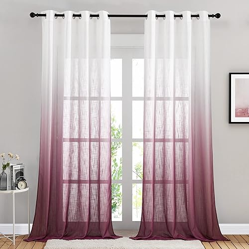 NICETOWN Burgundy Red Ombre Linen Sheer Curtains Extra Long for Children Room, Grommet Semi Sheer Linen Window Drapes Sweep to Floor Decorative for Villa/Living Room, 2 Panels, W50 x L95