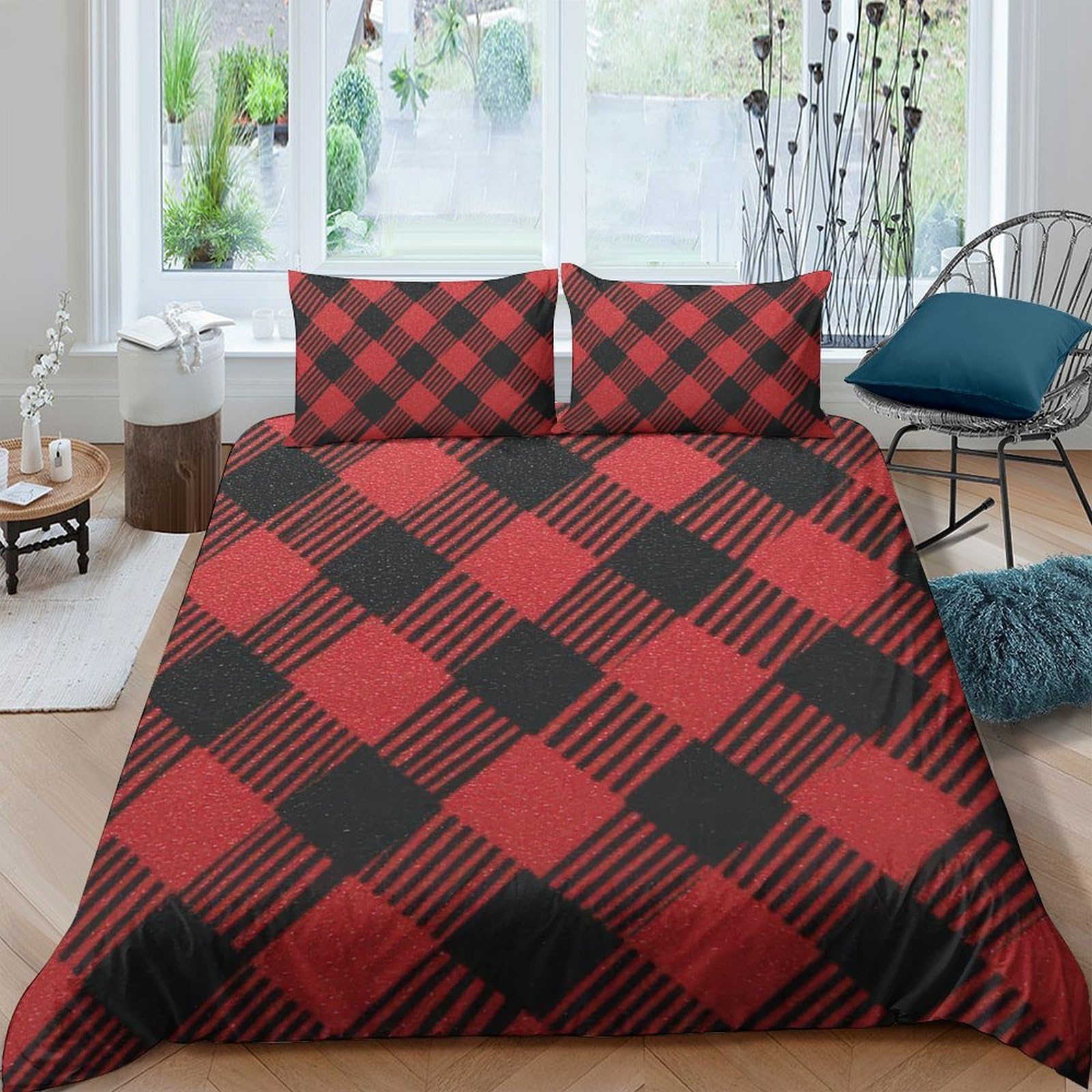 GPLZQXKJNH 3D Printed Red Black Plaid Duvet Cover Set Microfiber Soft Breathable Buffalo Check Bedding with 2 Pillowcases for Bedroom Home Single（135x200cm）