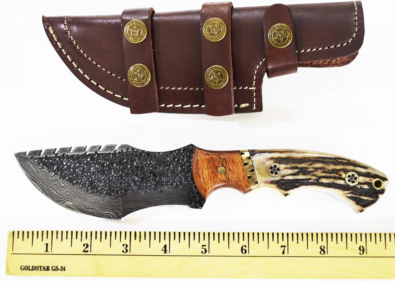 Damascus Hunting Knife with Stag Antler Handle and Leather Sheath (Damascus Tracker, 4.5 Inch Blade) - Image 4