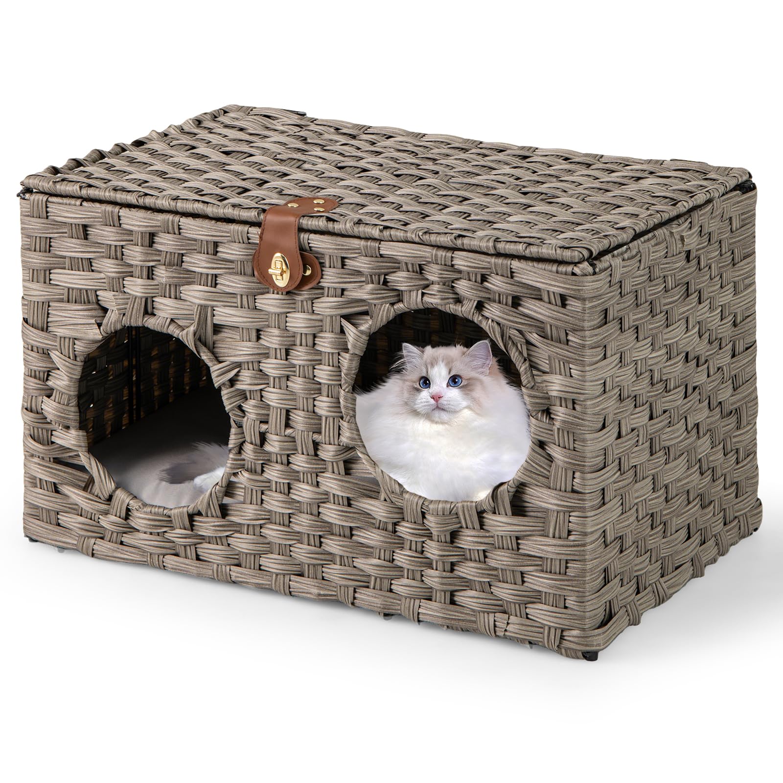 COSTWAY Niche Chat Pliable en Rotin PE, Maison pour Chat Interieur, Coussin Amovible, Couvercle Verrouillable, 2 Entrées, Pied Antidérapant, Meuble Chaton pour Salon Chambre, 60 x 35 x 35 cm
