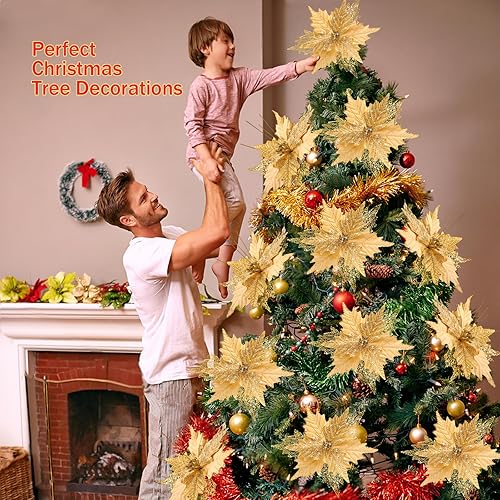 Miniatura 6 de Flores de Pascua de Navidad con purpurina de 10'' de stadeco, 10 unidades, adornos de árbol de Navidad con flores artificiales con tallos largos